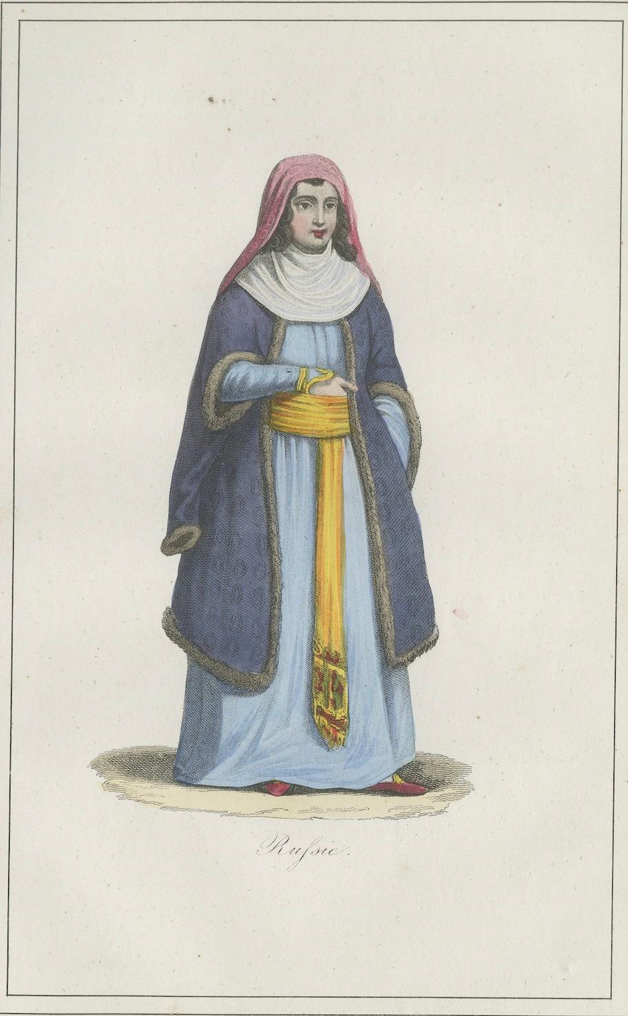 Russian Woman Costume Print – Antique Hand-Colored Lithograph, 1854

This antique hand-colored lithograph, published in 1854 in Album des Voyages Anciens et Modernes by Martial Ardant Frères, depicts a Russian woman in traditional costume. The