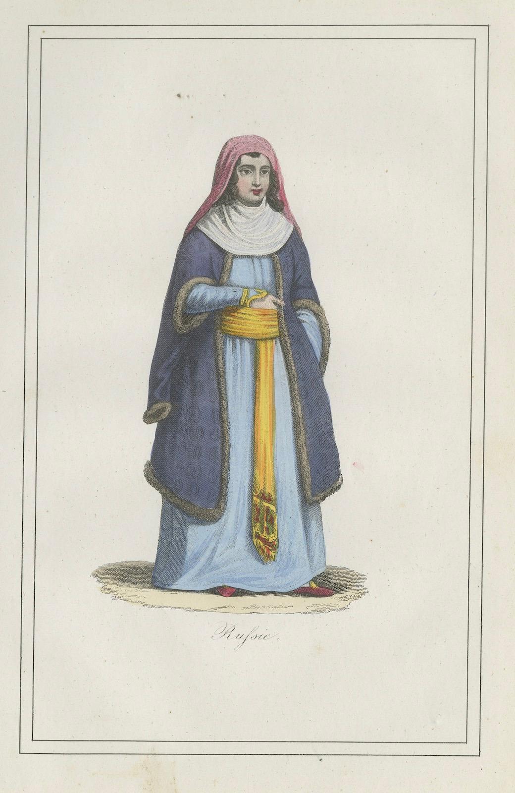 Paper Russian Woman Costume Print – Antique Hand-Colored Lithograph, 1854 For Sale
