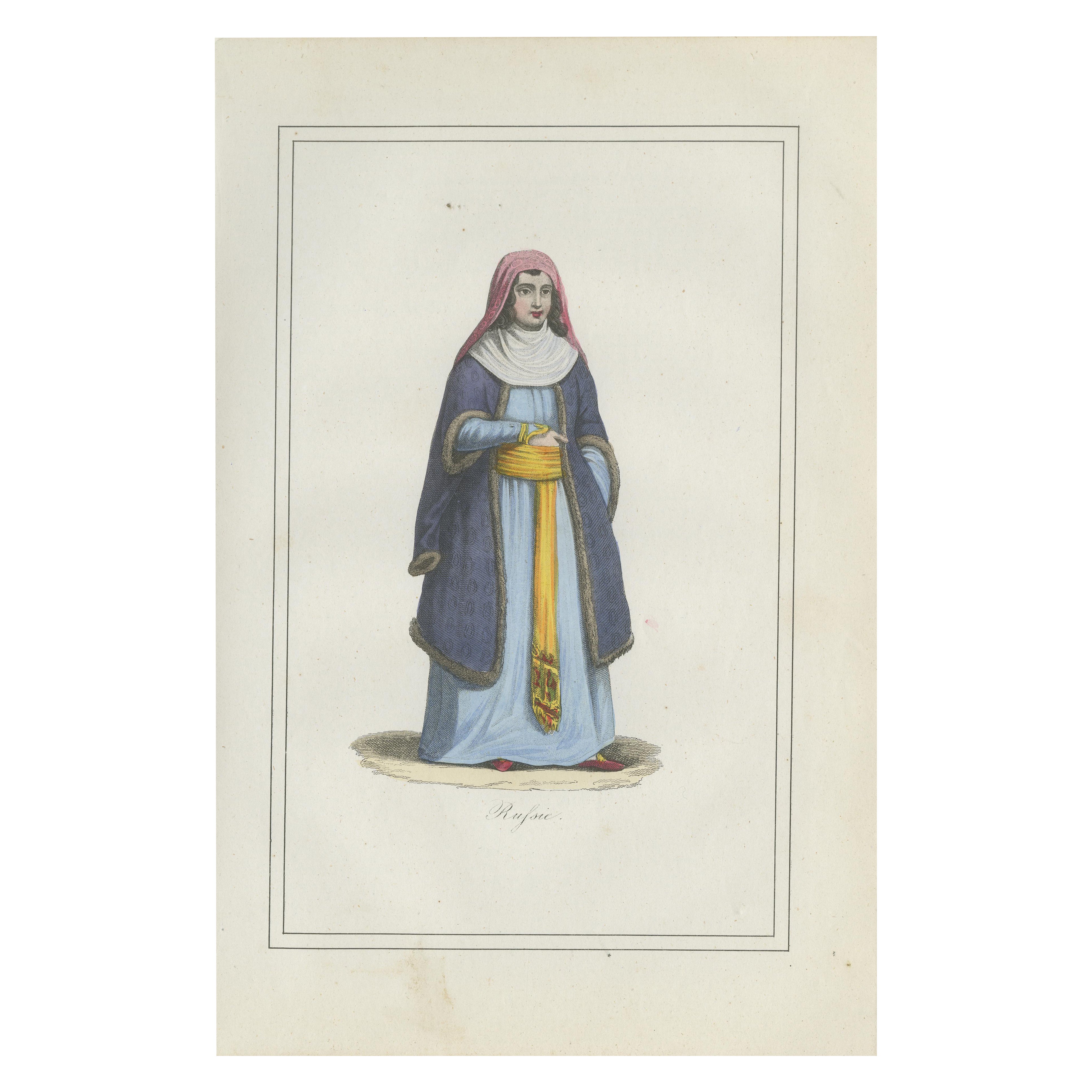 Russische Frau Kostüm Druck - Antike handkolorierte Lithographie, 1854