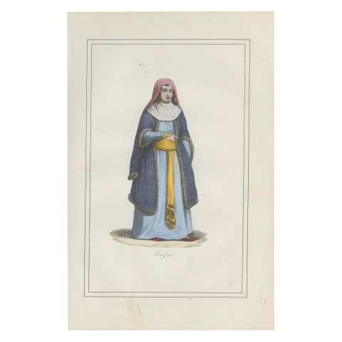 Russian Woman Costume Print – Antique Hand-Colored Lithograph, 1854