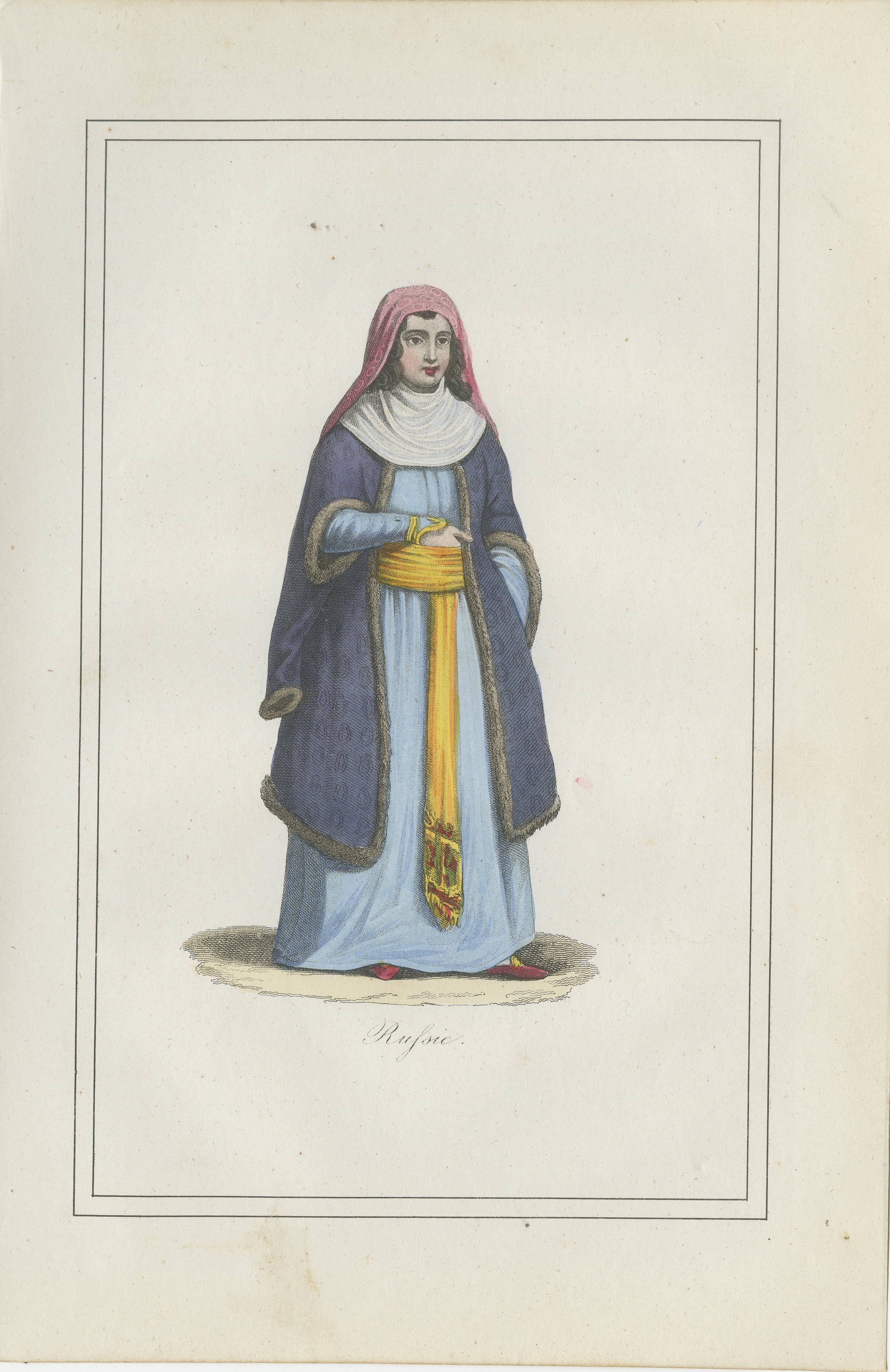 Russian Woman Costume Print – Antique Hand-Colored Lithograph, 1854