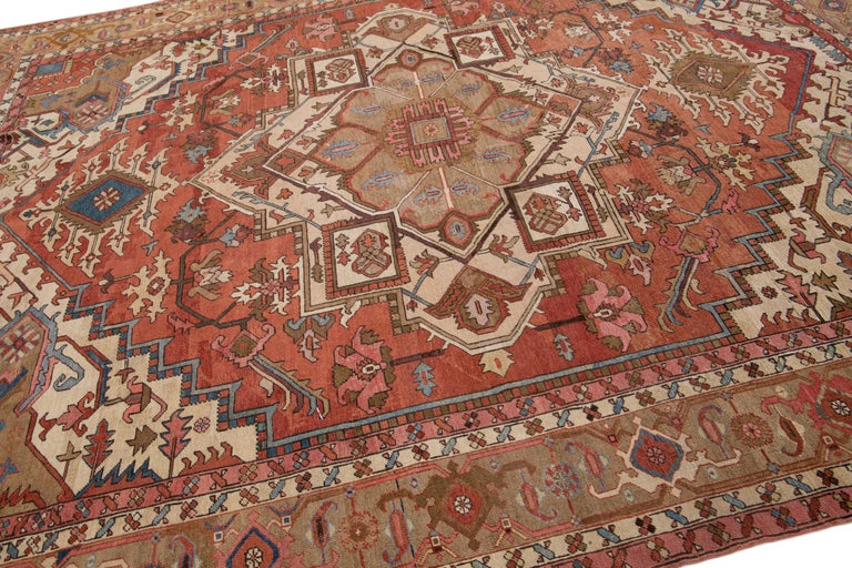 Rust 19th Century Antique Persian Serapi Wool Rug with Medallion Design ...