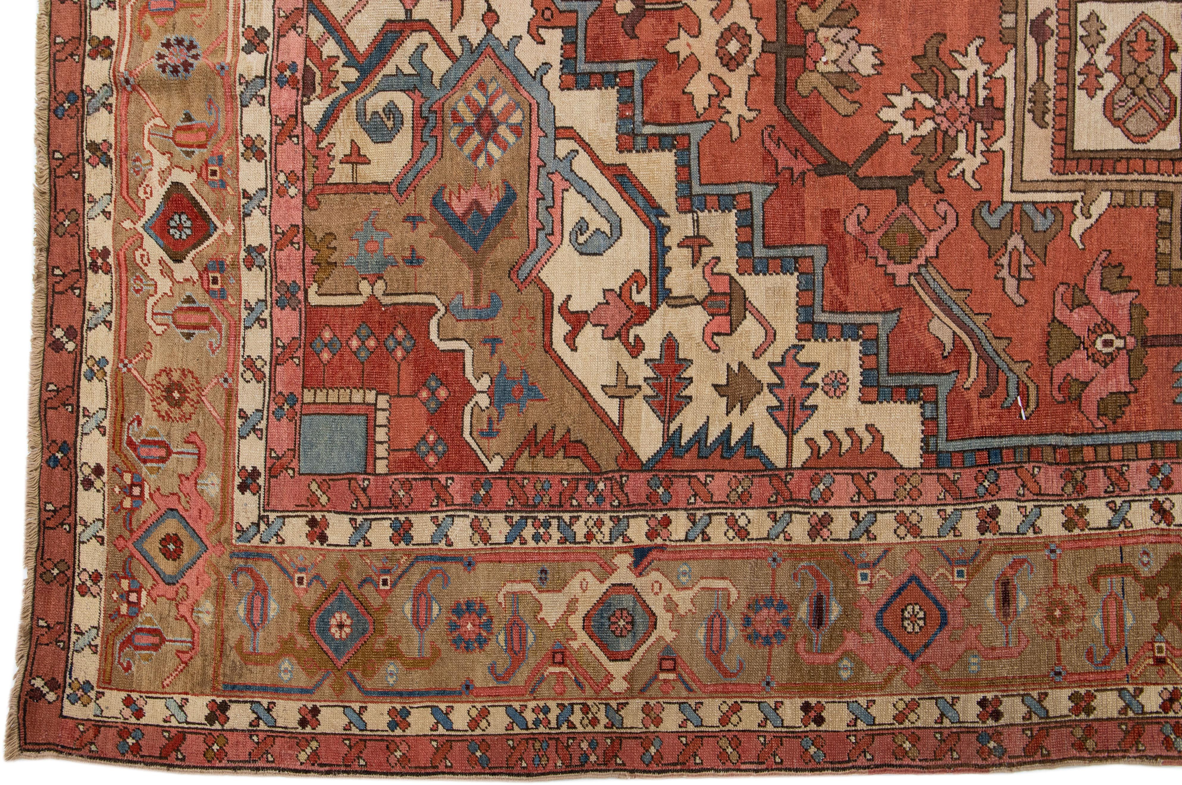 Hand-Knotted Rust 19th Century Antique Persian Serapi Wool Rug with Medallion Design For Sale