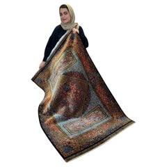 Rust and Blue Garden Style Persian Pure Silk Carpet, Iranian Craftsmanship, 0043