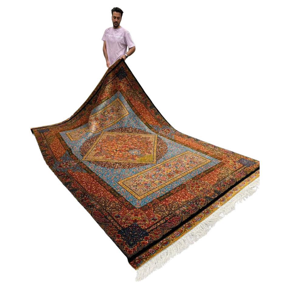 Britannico Tappeto persiano di pura seta in stile giardino blu e ruggine, artigianato iraniano, 0043 in vendita