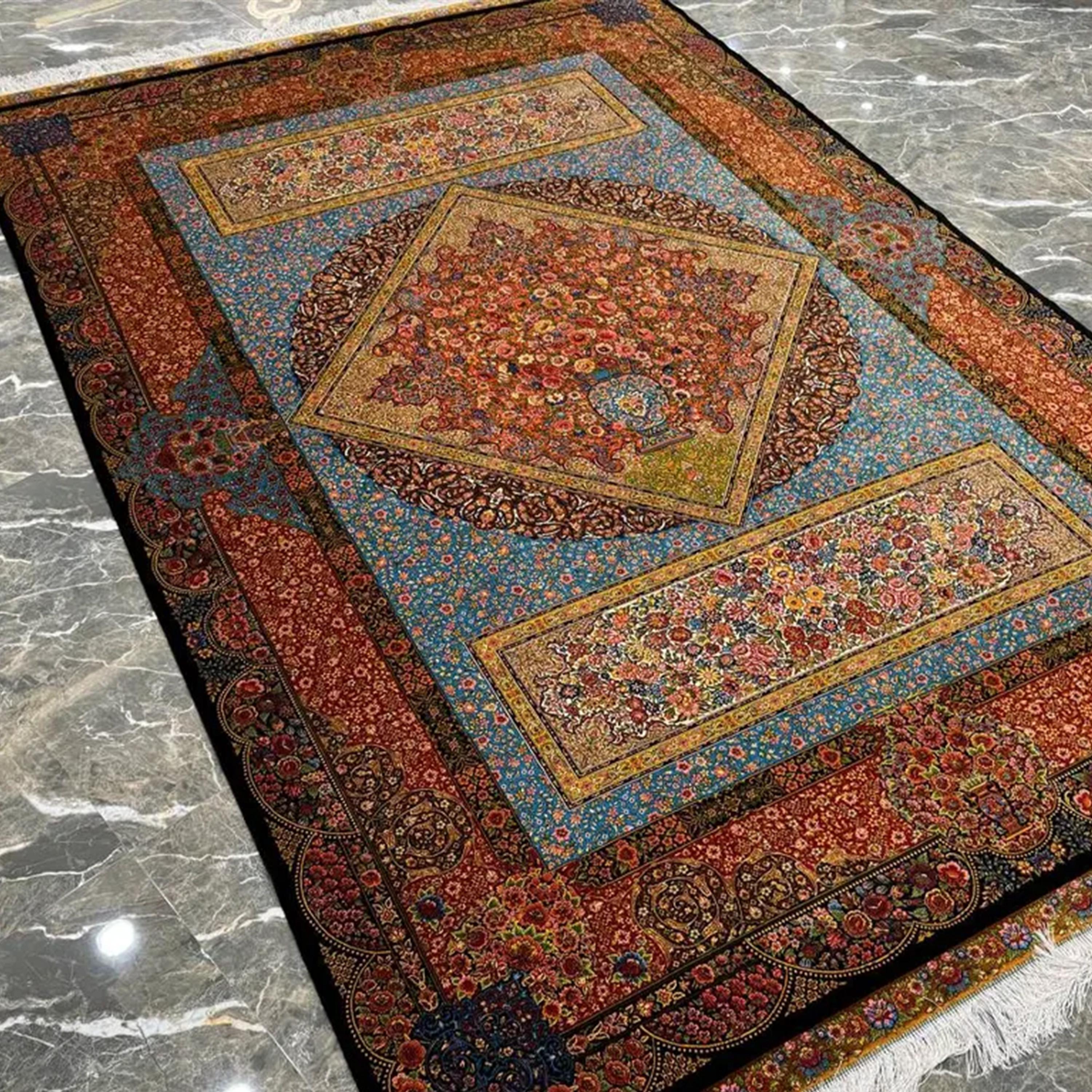Annodato a mano Tappeto persiano di pura seta in stile giardino blu e ruggine, artigianato iraniano, 0043 in vendita