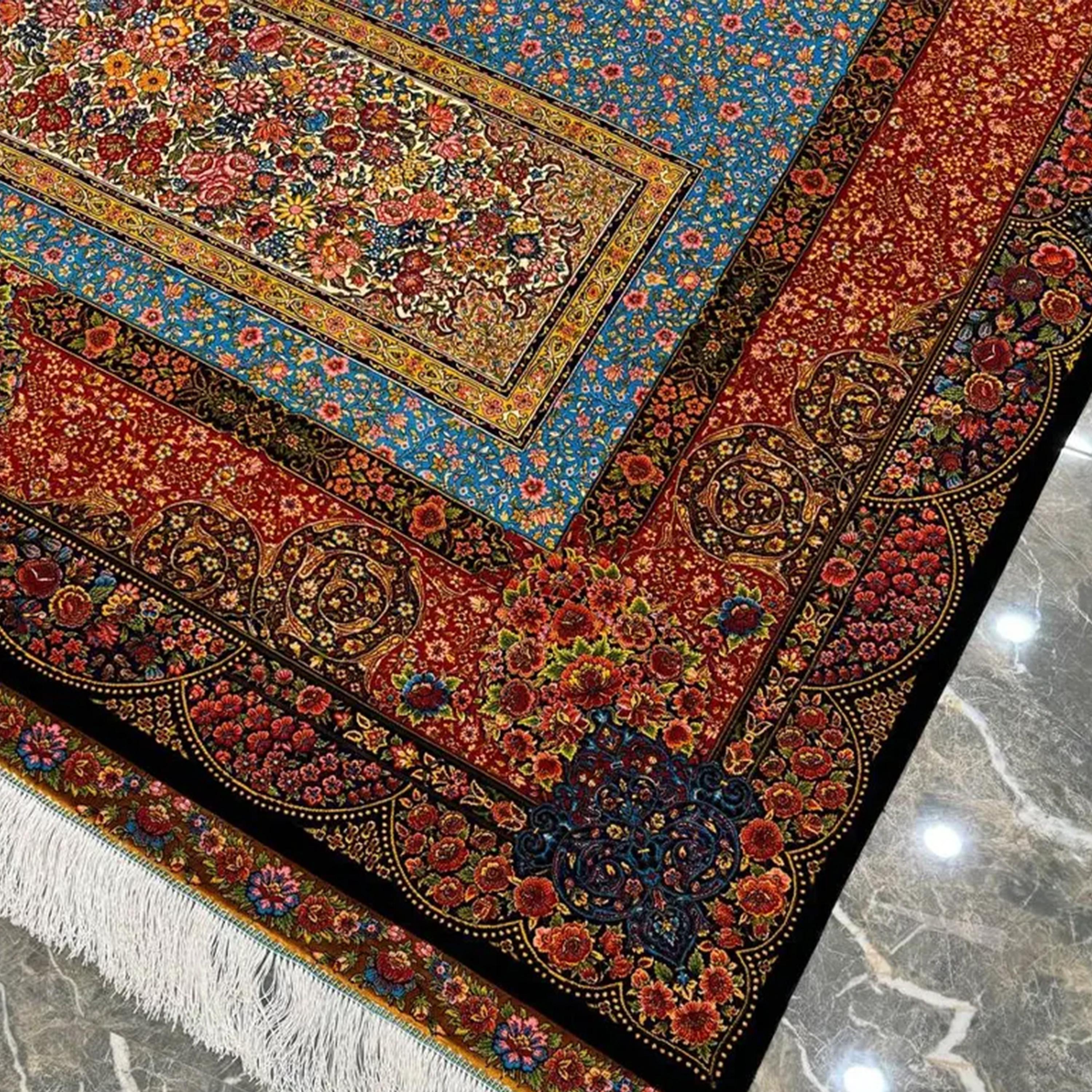 Tappeto persiano di pura seta in stile giardino blu e ruggine, artigianato iraniano, 0043 In condizioni Nuovo in vendita a Pudsey, GB