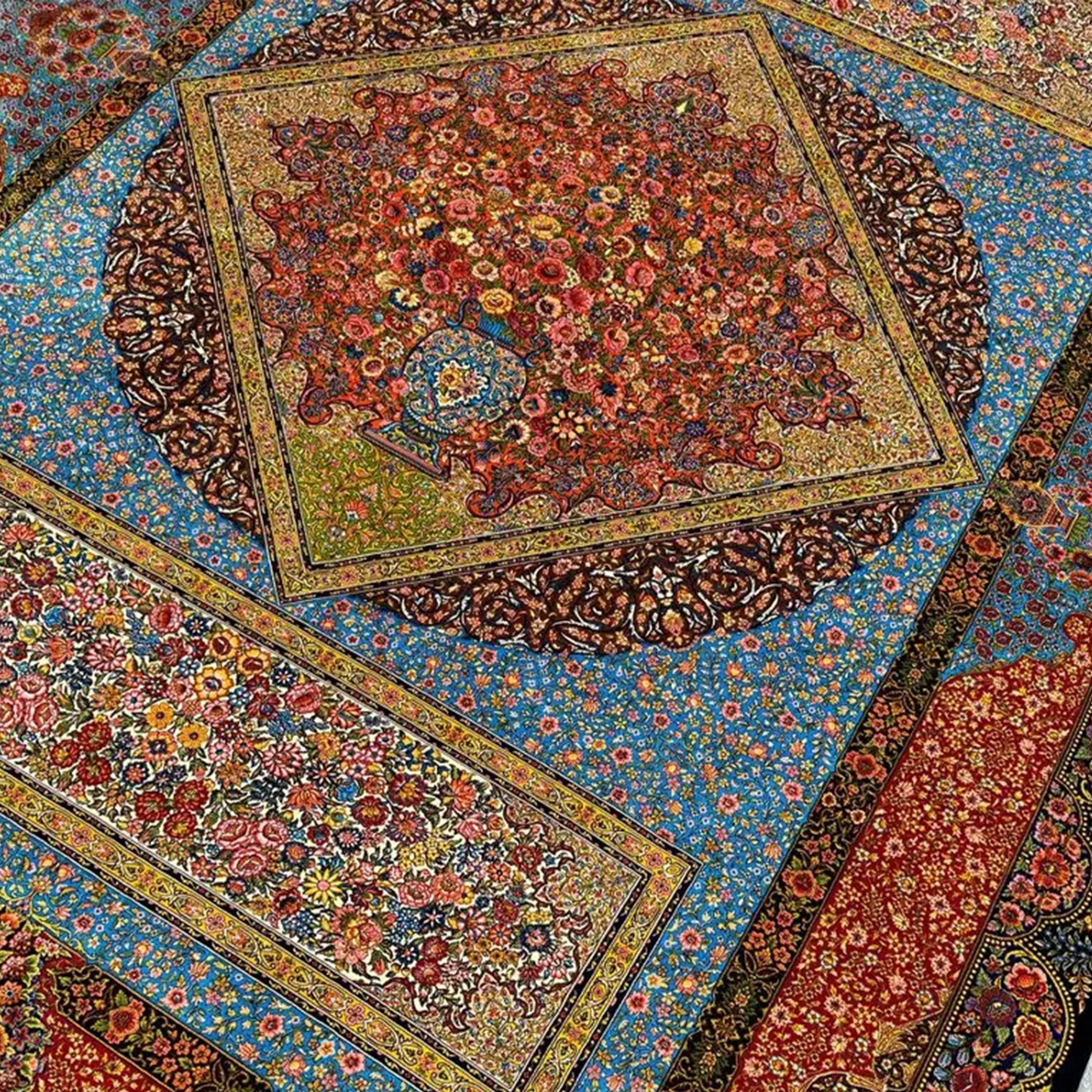 Seta Tappeto persiano di pura seta in stile giardino blu e ruggine, artigianato iraniano, 0043 in vendita
