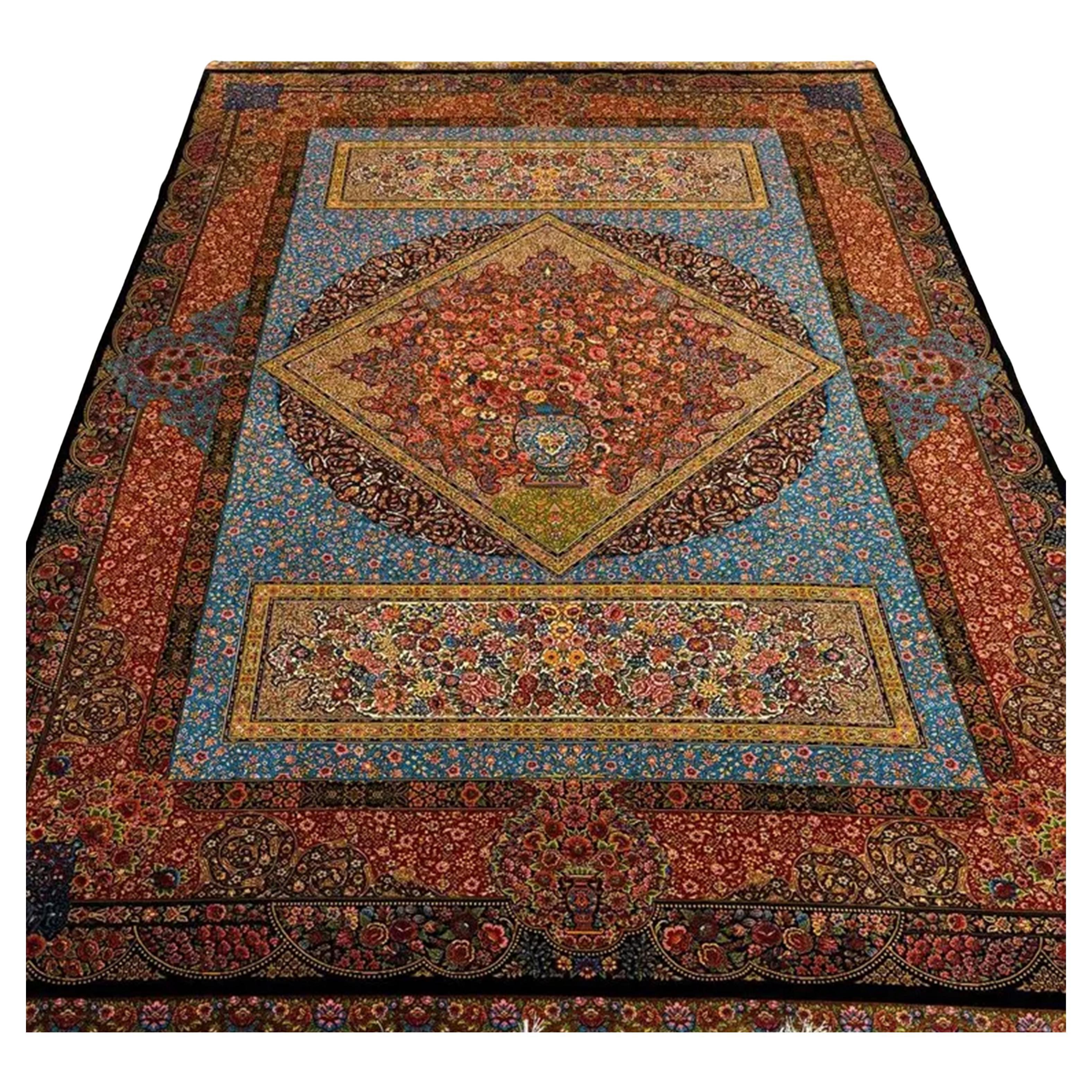 Tappeto persiano di pura seta in stile giardino blu e ruggine, artigianato iraniano, 0043