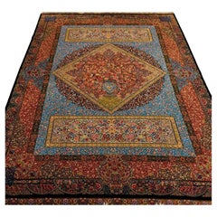 Tappeto persiano di pura seta in stile giardino blu e ruggine, artigianato iraniano, 0043