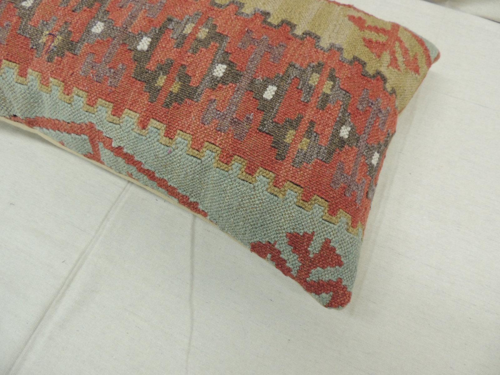 Hand-Crafted Rust and Blue Woven Kilim Decorative Bolster Pillow