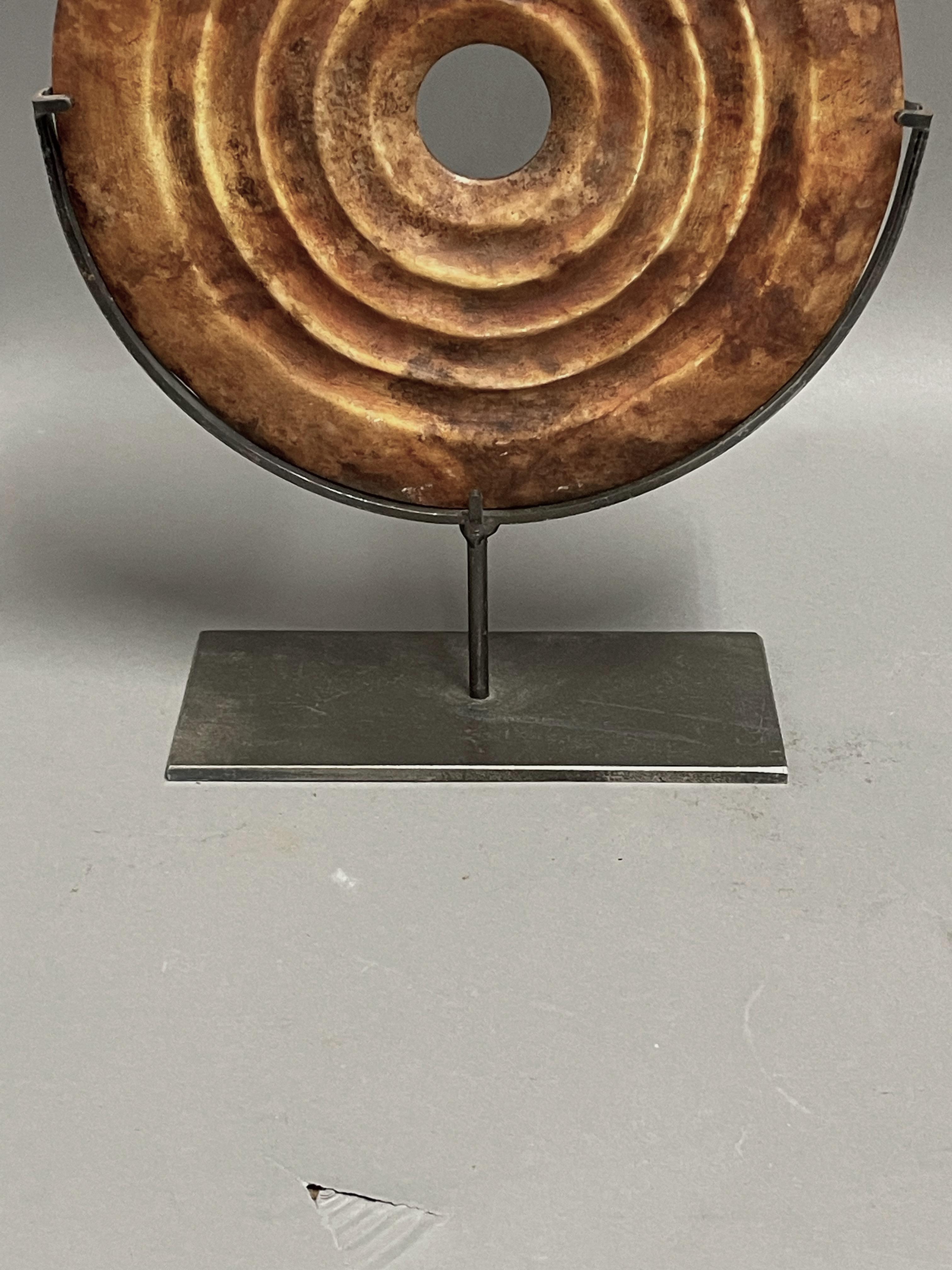 Rust And Gold Set Of Three Jade Discs On Metal Stands, China, Contemporary  For Sale 6