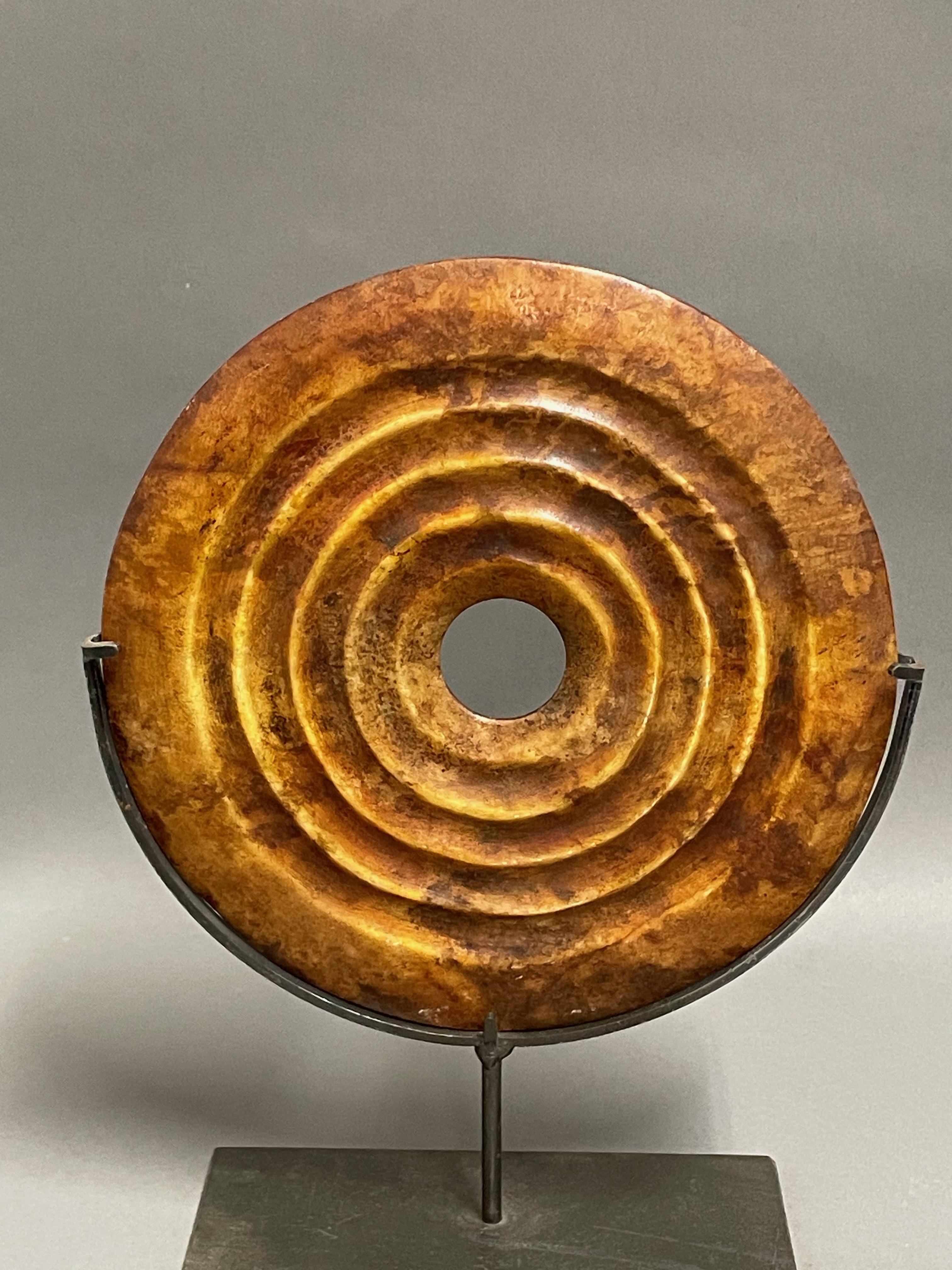 Rust And Gold Set Of Three Jade Discs On Metal Stands, China, Contemporary  For Sale 5