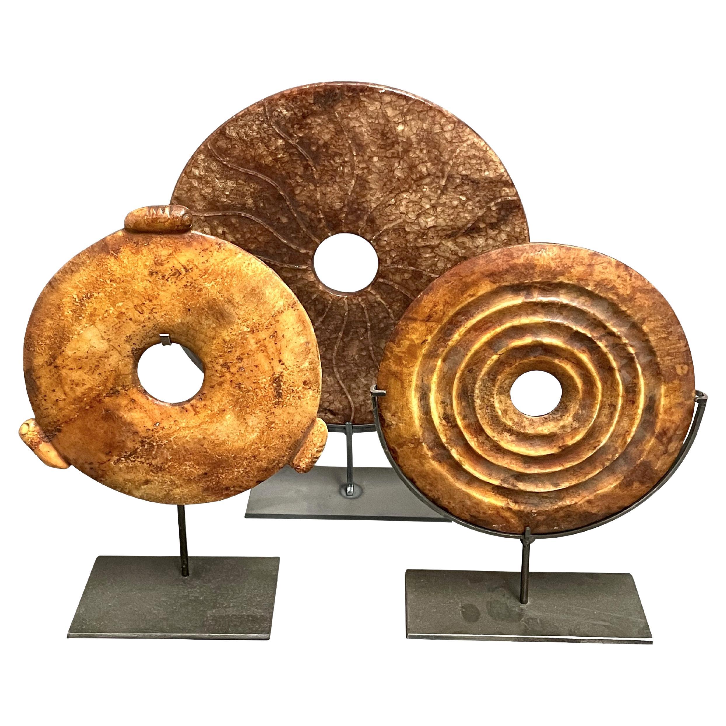 Rust And Gold Set Of Three Jade Discs On Metal Stands, China, Contemporary  For Sale