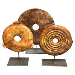 Rust And Gold Set Of Three Jade Discs On Metal Stands, China, Contemporary 