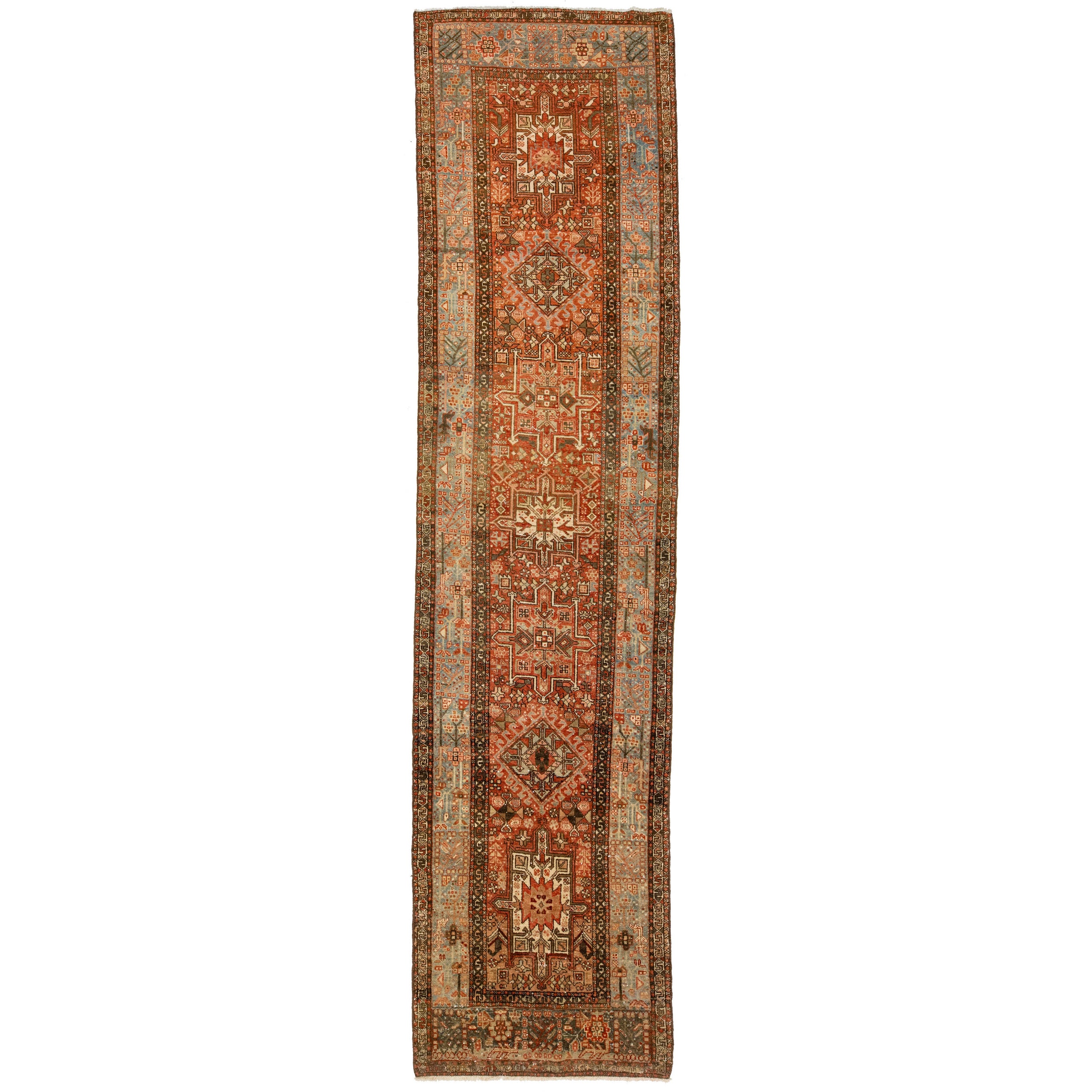 Tapis de course en laine Heriz, rouille, antique, fait à la main, avec design tribal