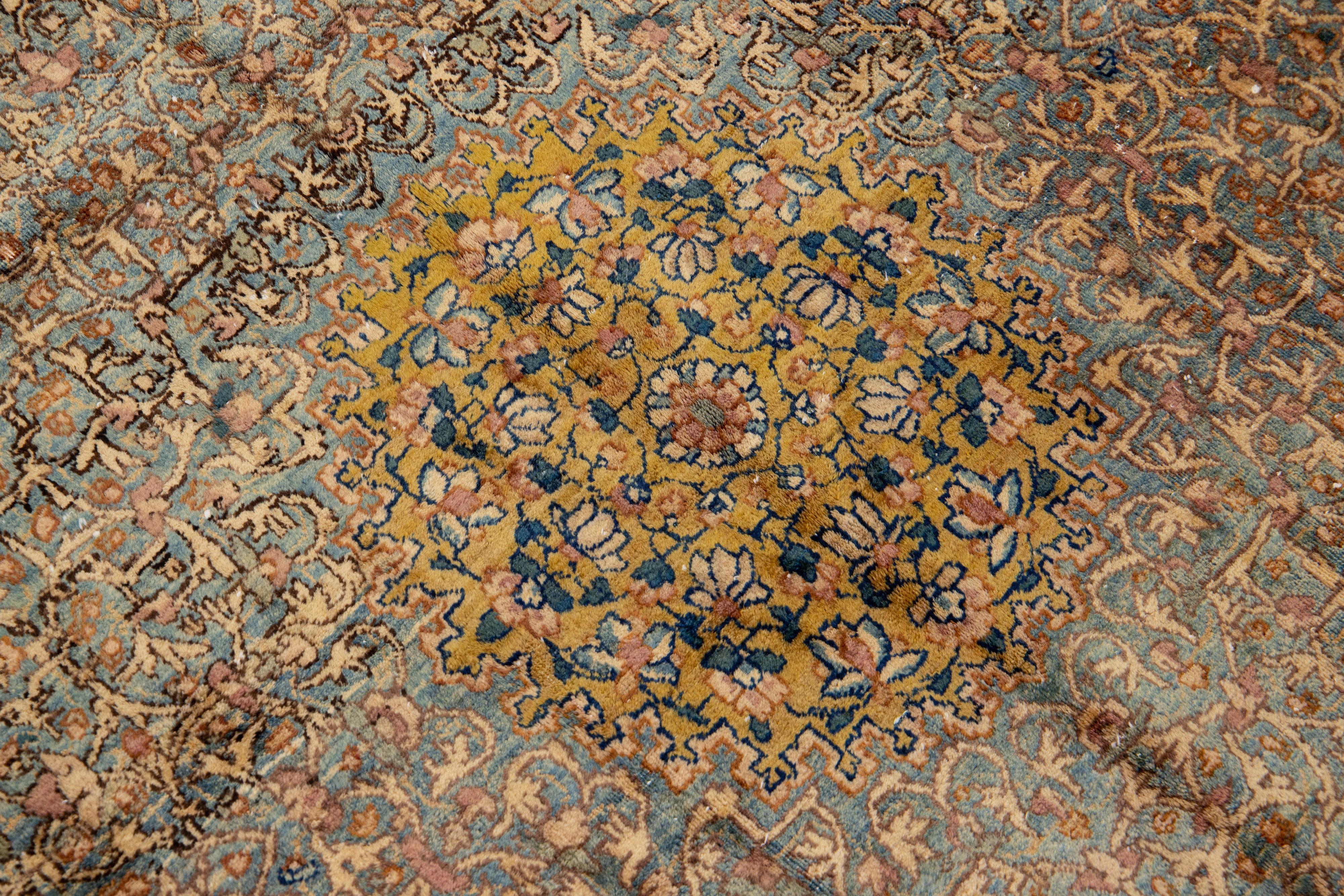 Rust Antique Kerman Handmade Rosette Designed Persian Wool Rug For Sale 2