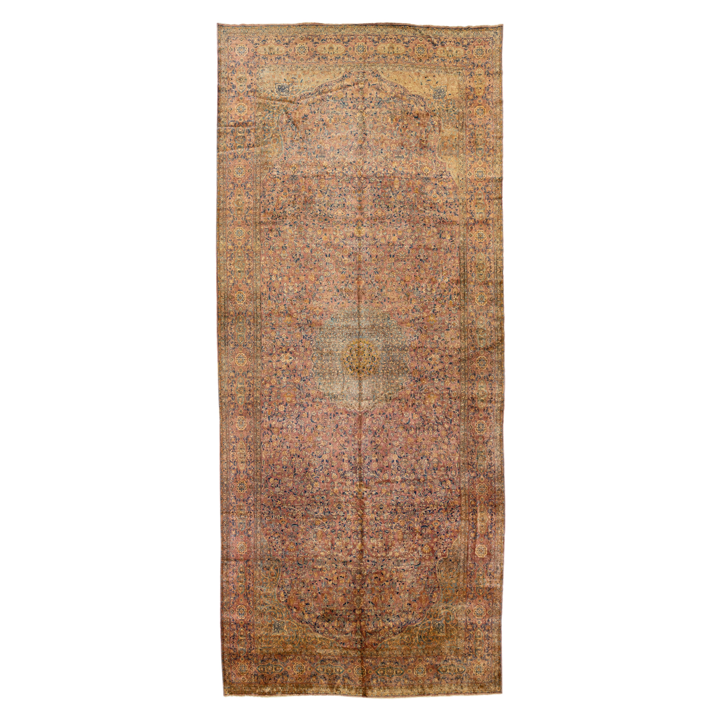 Rust Antique Kerman Handmade Rosette Designed Persian Wool Rug For Sale
