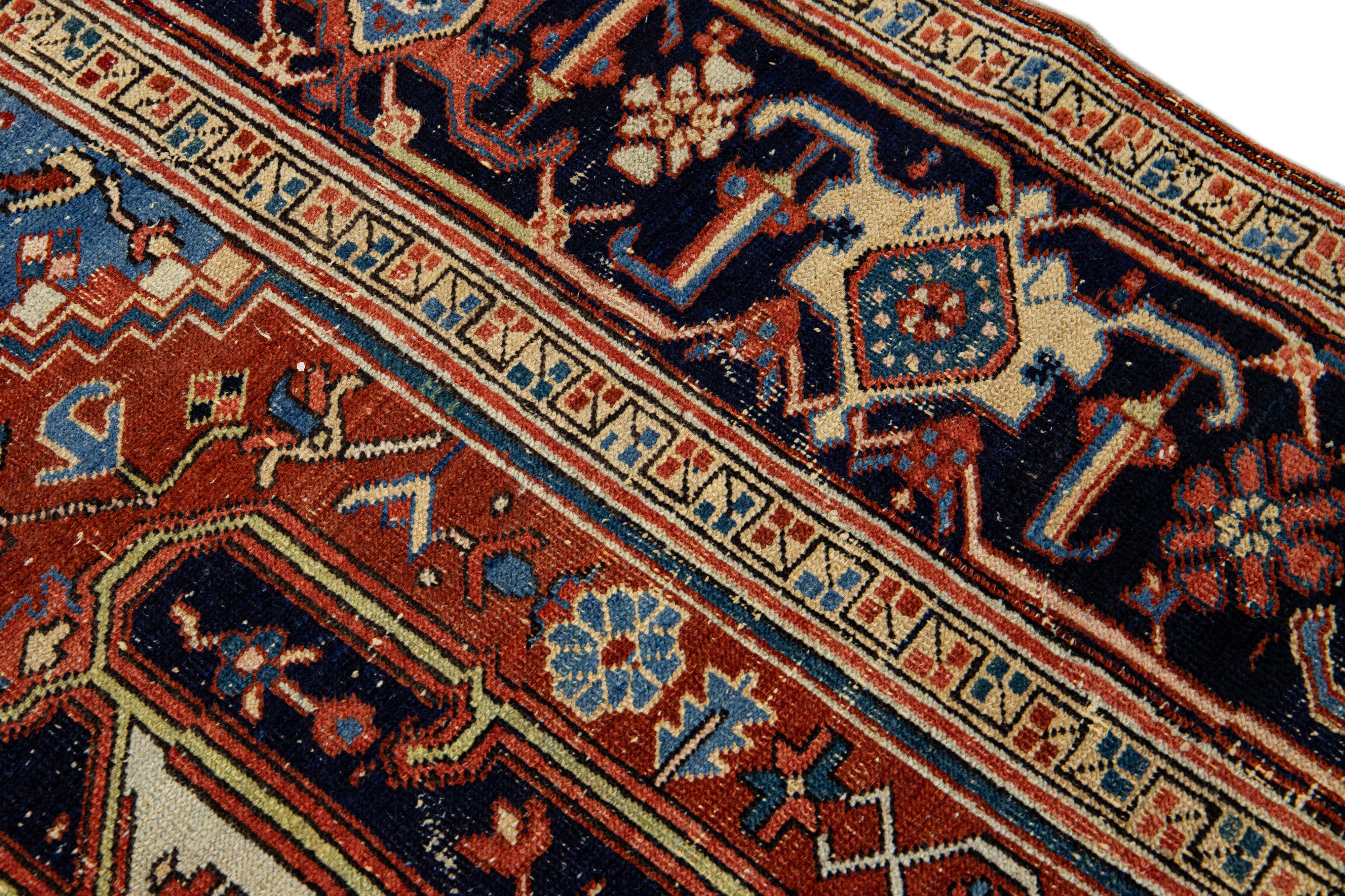 Rust Antique Persian Heriz Handmade Allover Designed Wool Rug For Sale 4