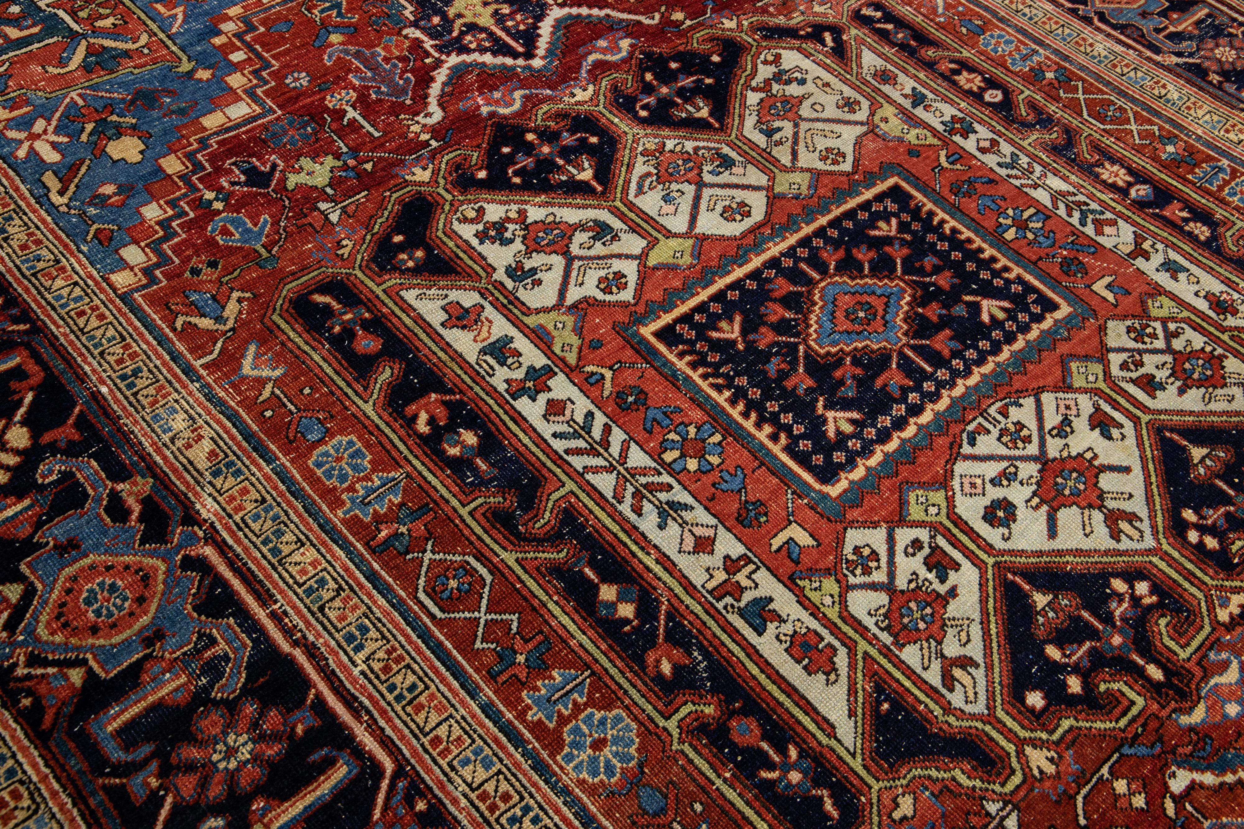 Rust Antique Persian Heriz Handmade Allover Designed Wool Rug For Sale 6