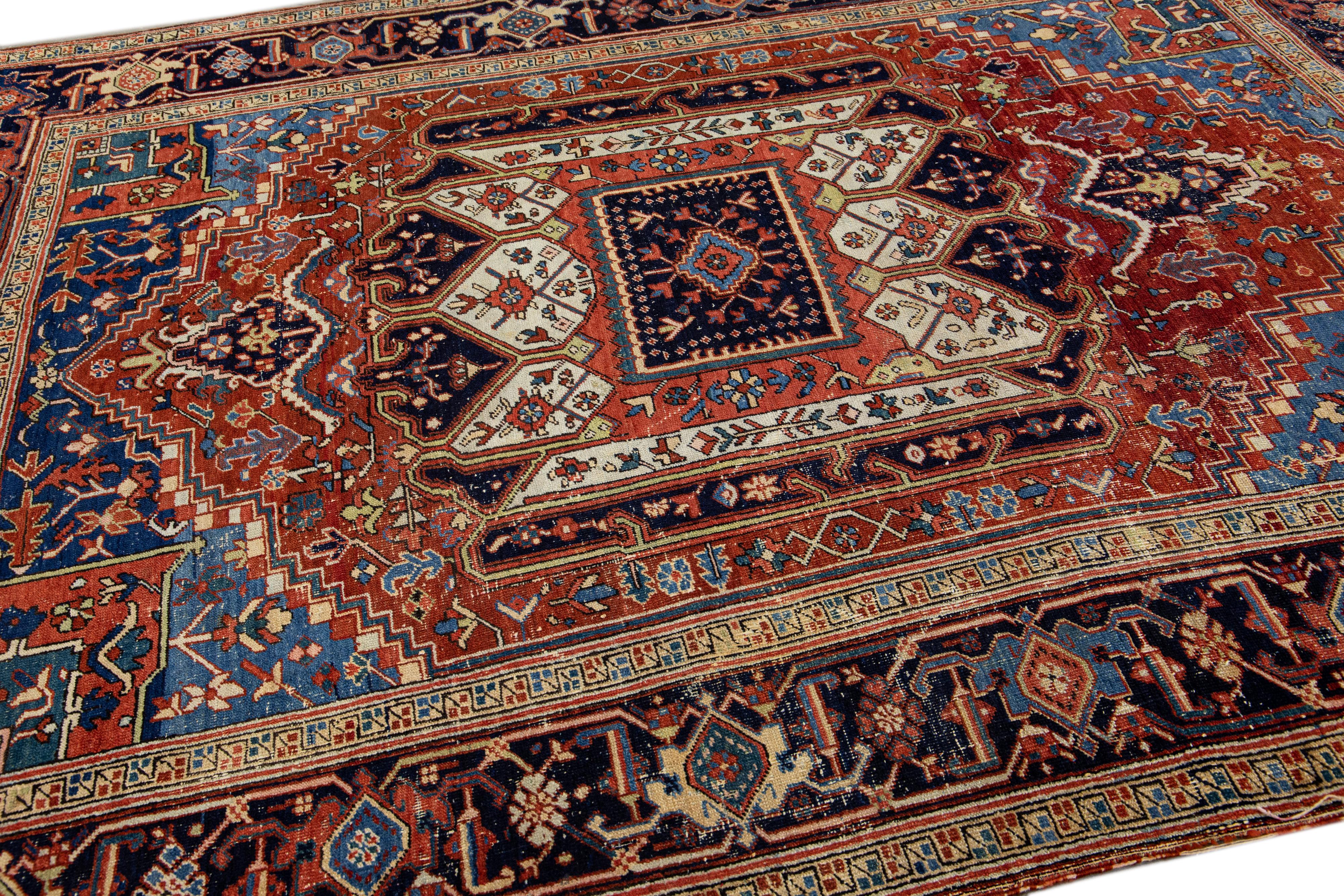 Heriz Serapi Rust Antique Persian Heriz Handmade Allover Designed Wool Rug For Sale