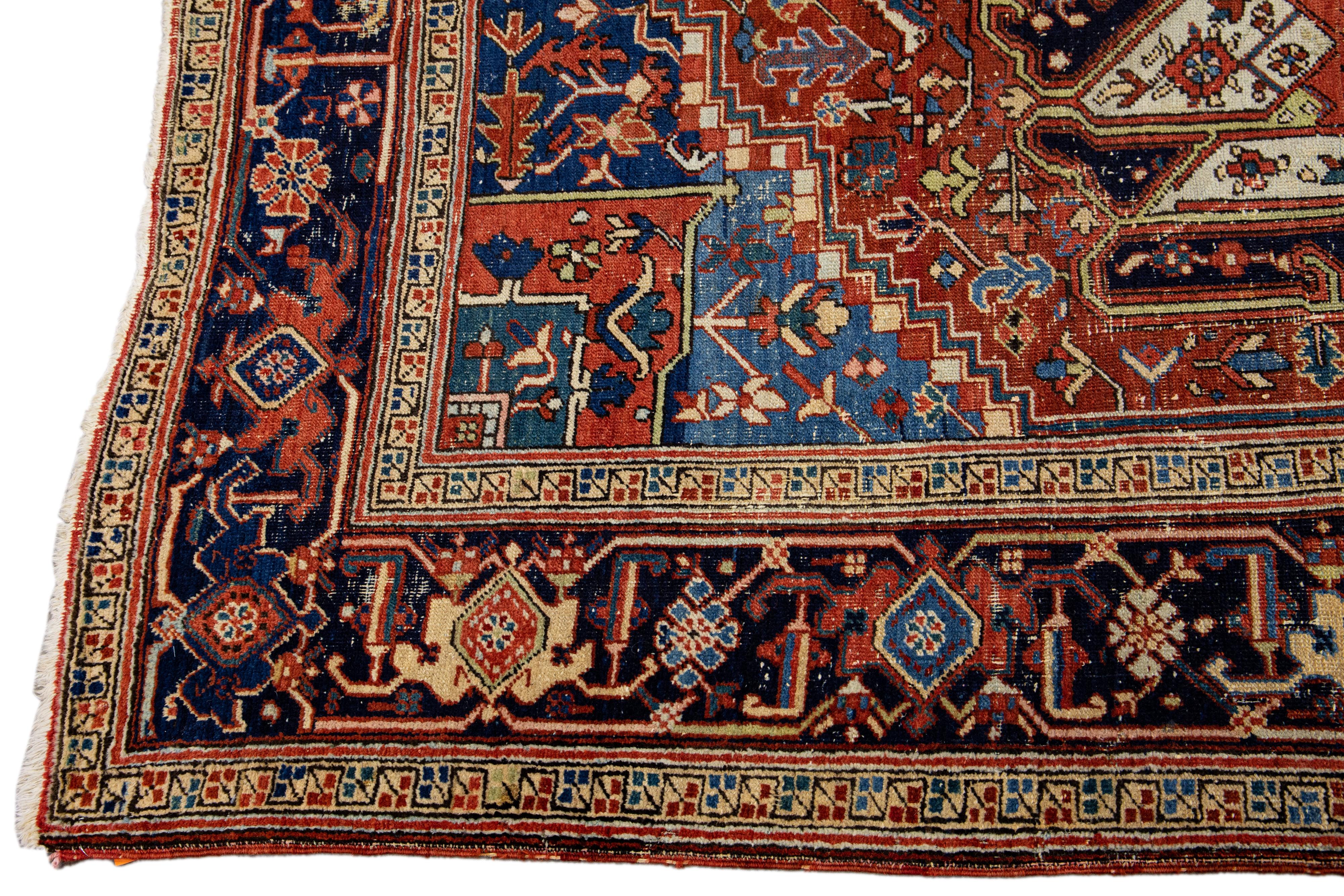 Hand-Knotted Rust Antique Persian Heriz Handmade Allover Designed Wool Rug For Sale