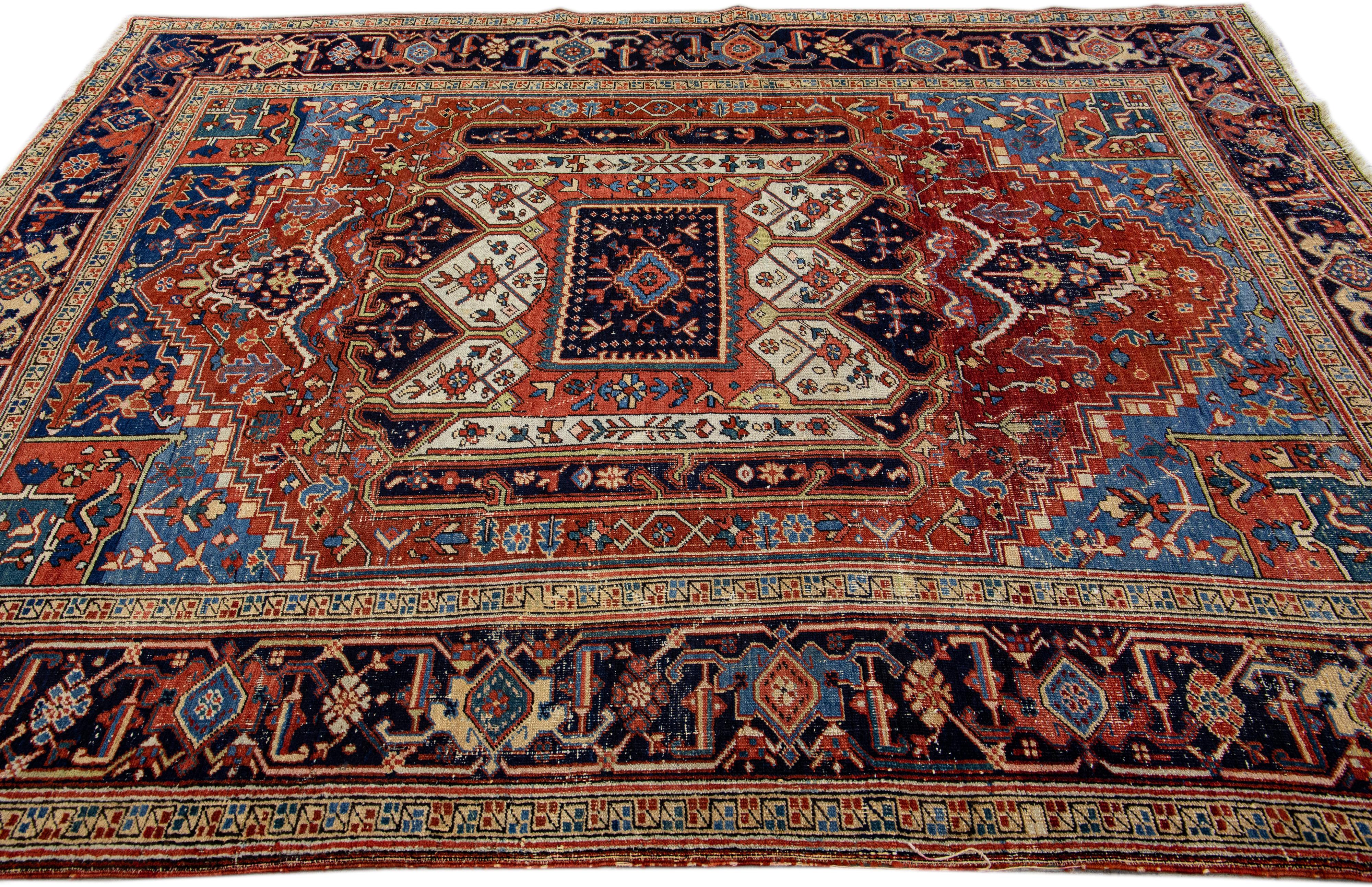 Rust Antique Persian Heriz Handmade Allover Designed Wool Rug In Distressed Condition For Sale In Norwalk, CT