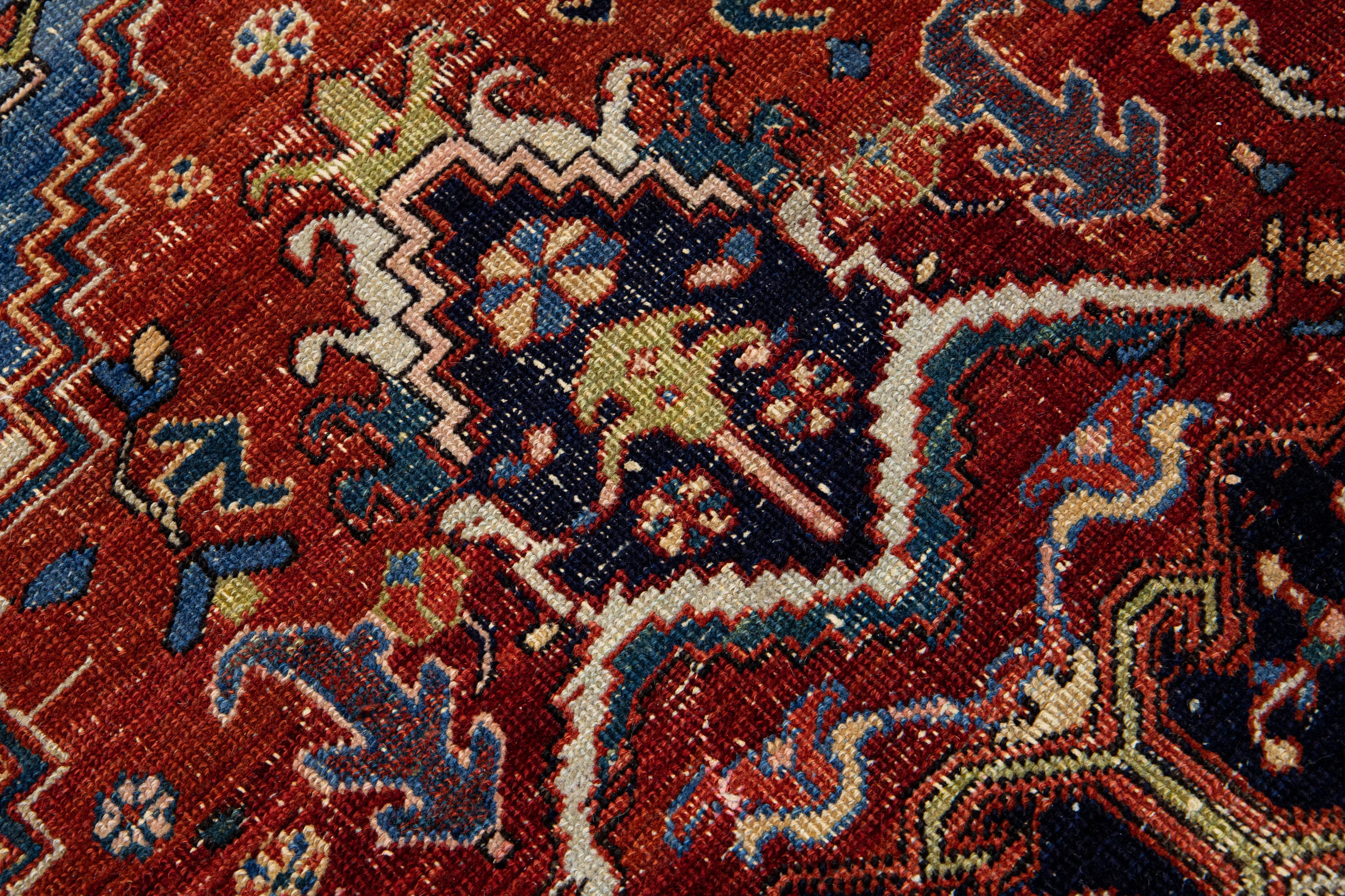 Rust Antique Persian Heriz Handmade Allover Designed Wool Rug For Sale 2