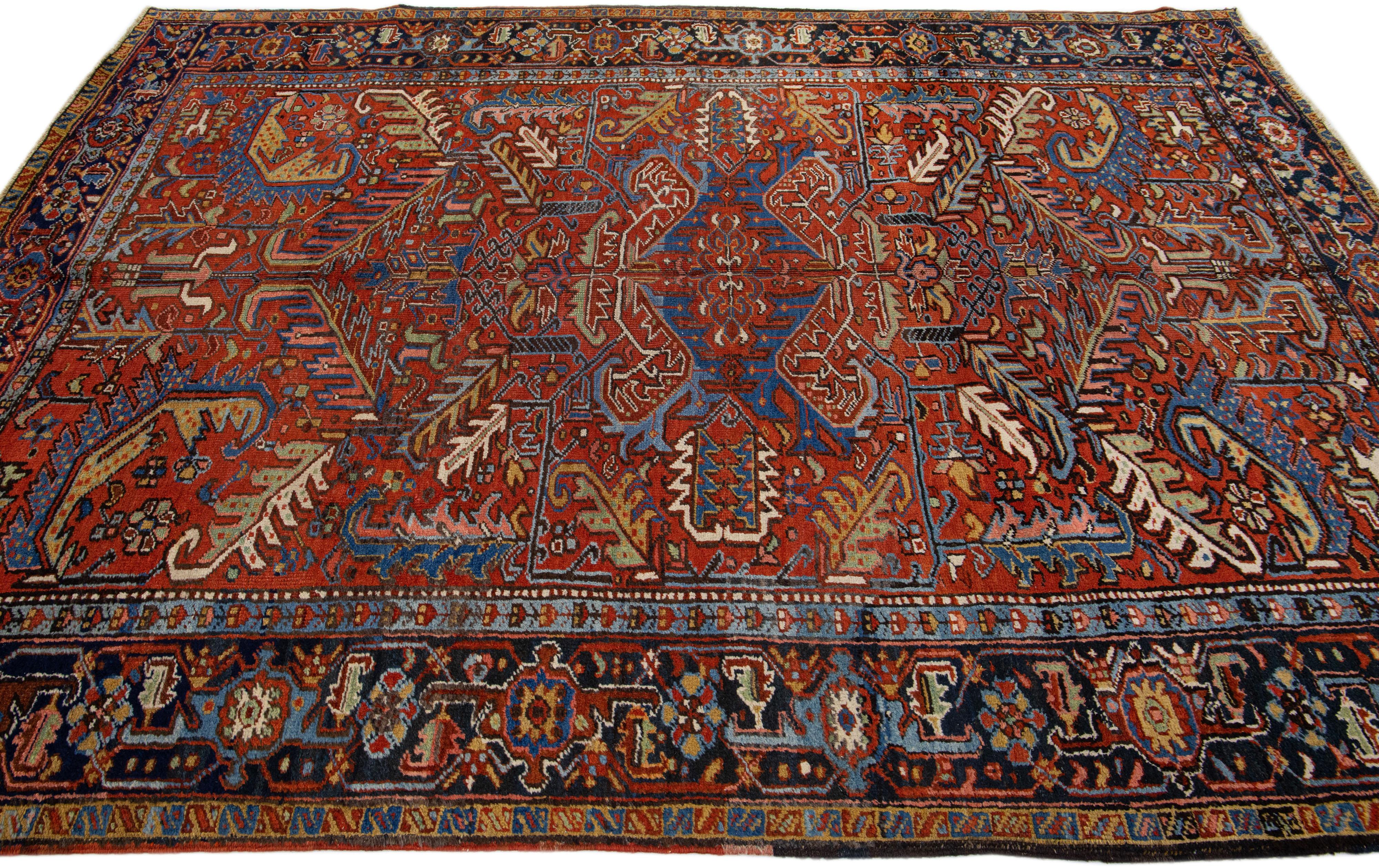 Hand-Knotted Rust Antique Persian Heriz Handmade Allover Motif Wool Rug For Sale