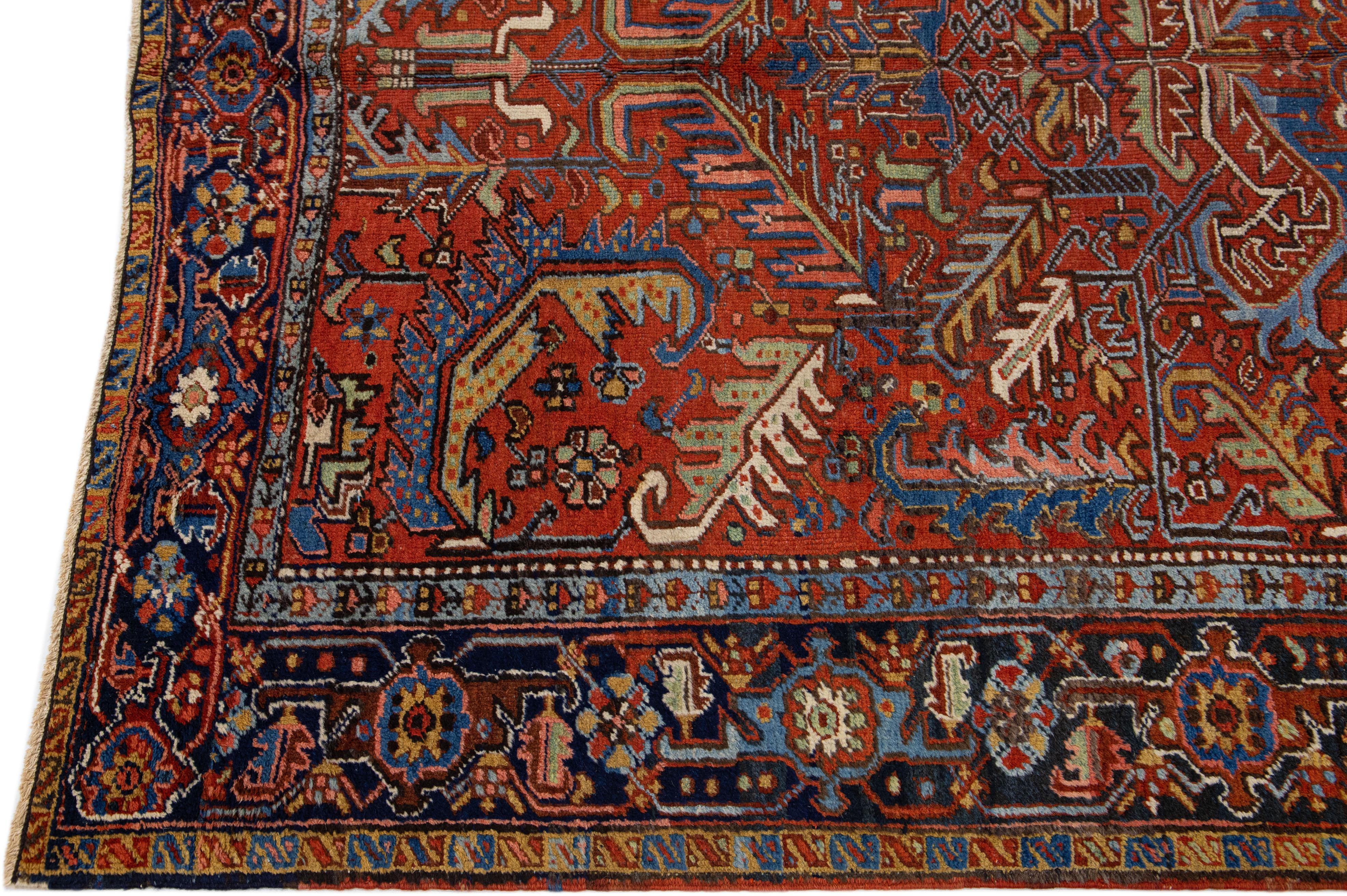 Early 20th Century Rust Antique Persian Heriz Handmade Allover Motif Wool Rug For Sale