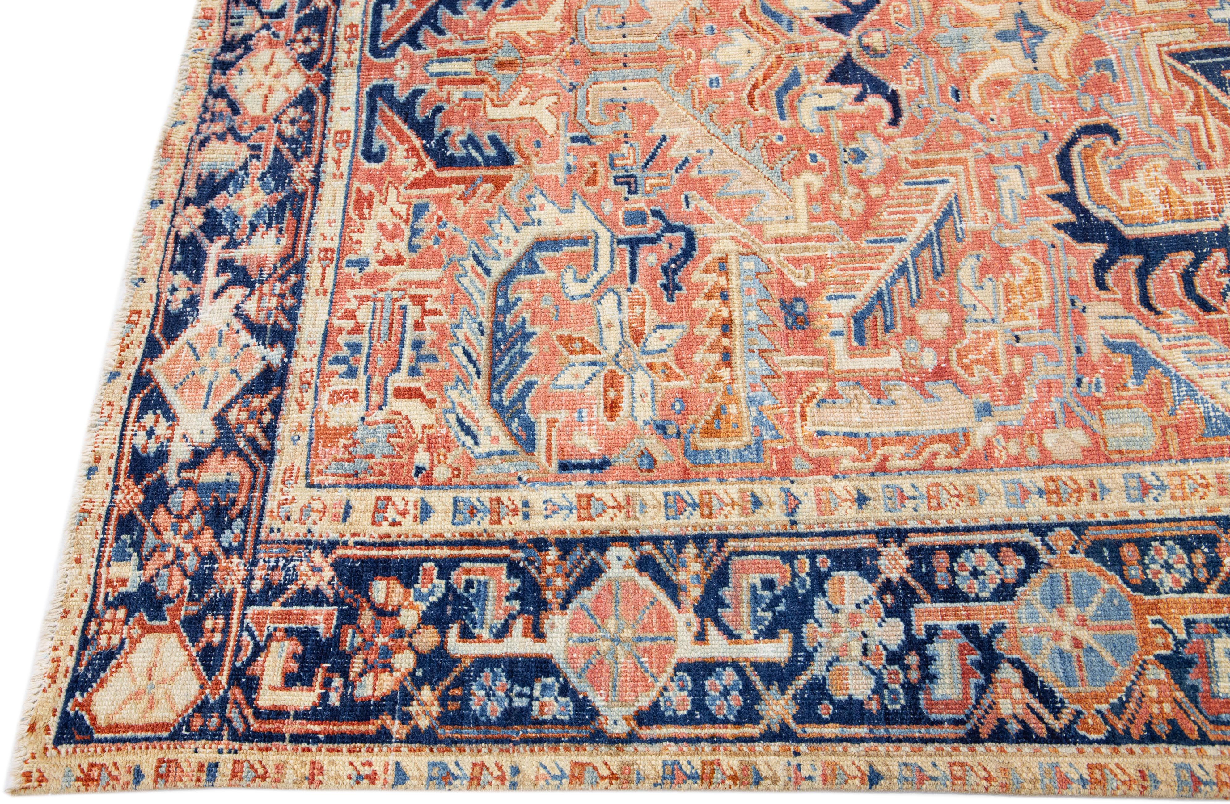 Hand-Knotted Rust Antique Persian Heriz Handmade Geometric Motif Wool Rug For Sale