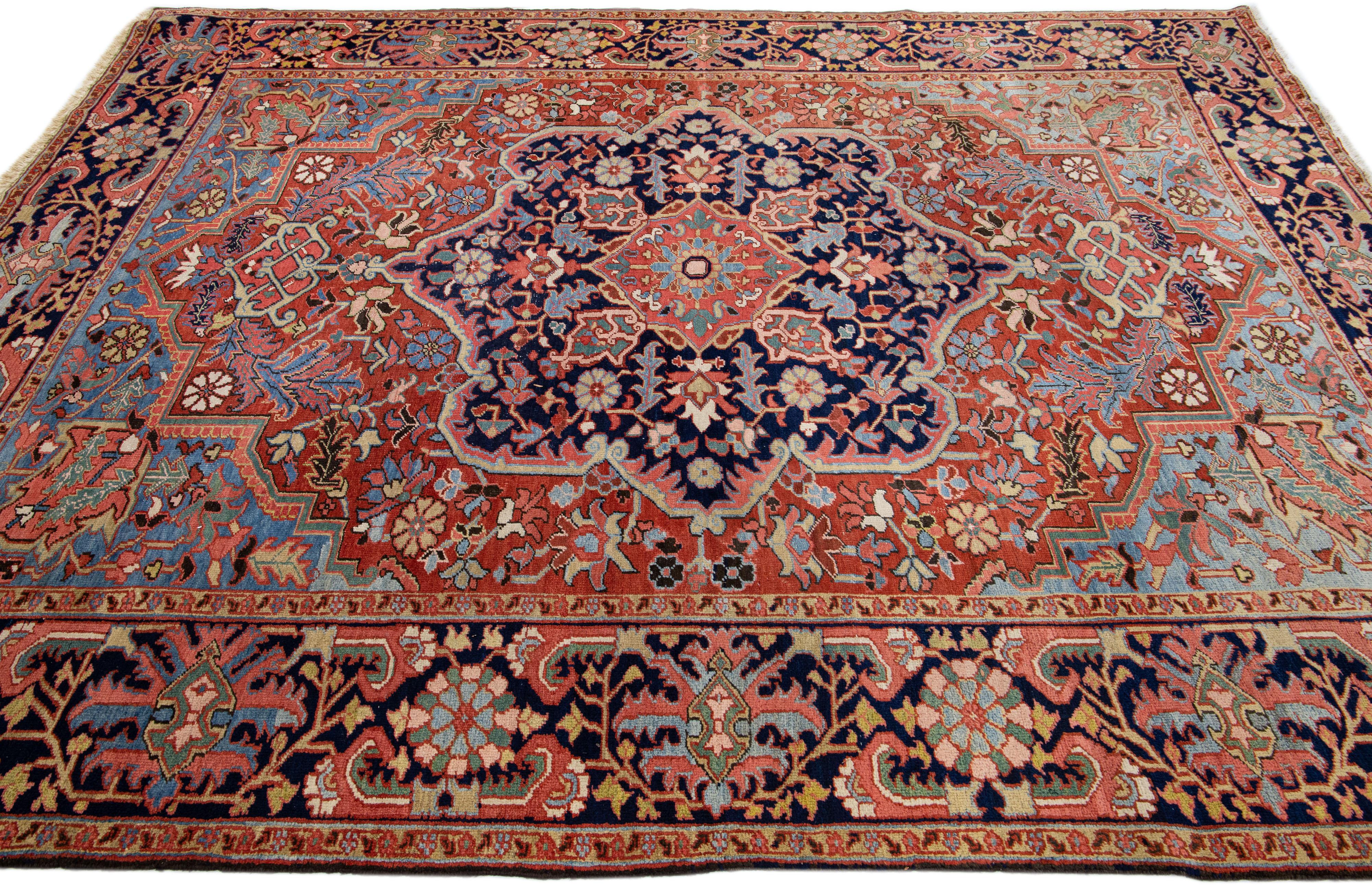 Hand-Knotted Rust Antique Persian Heriz Handmade Medallion Designed Wool Rug For Sale