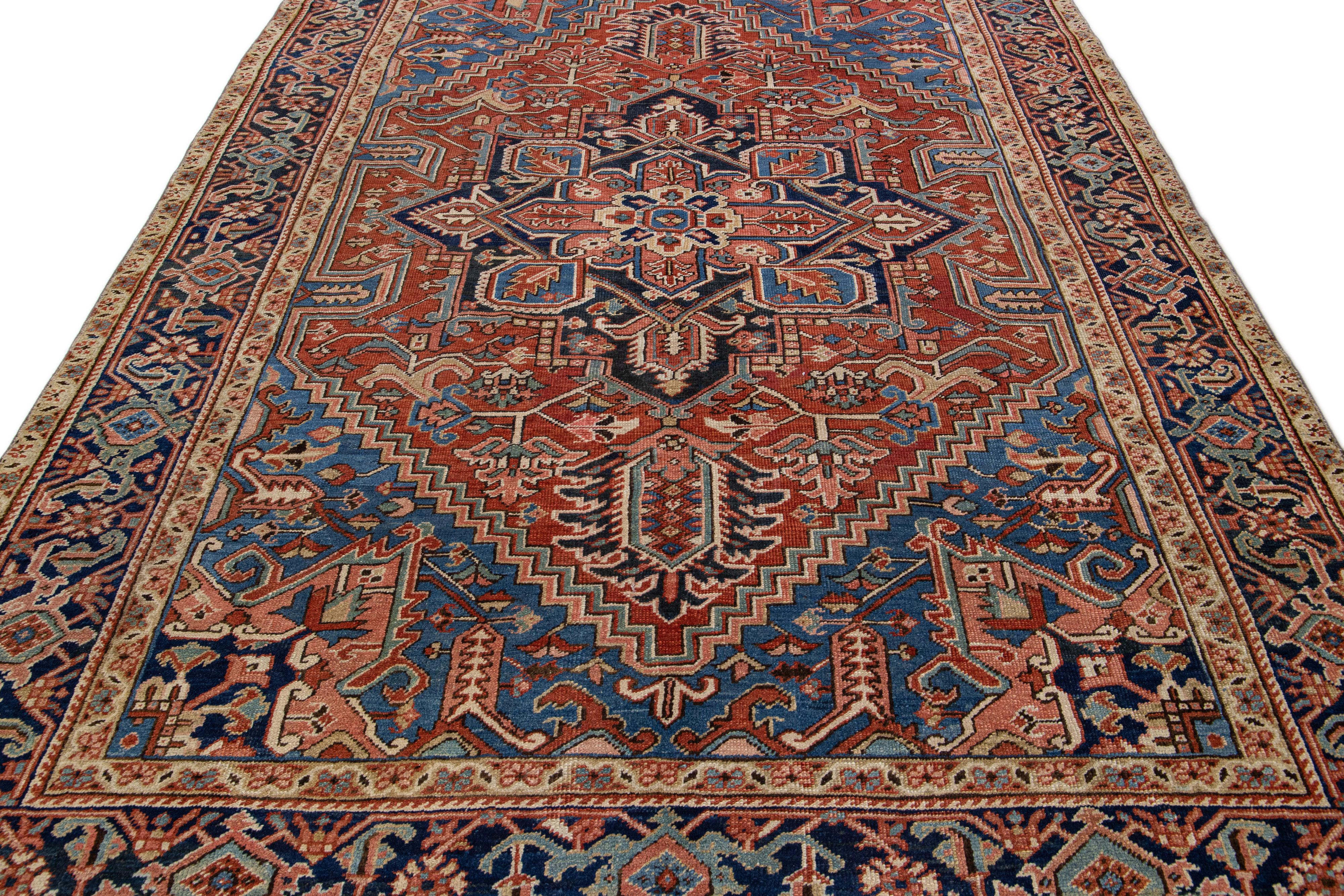Heriz Serapi Rust Antique Persian Heriz Handmade Wool Rug with Medallion Design For Sale