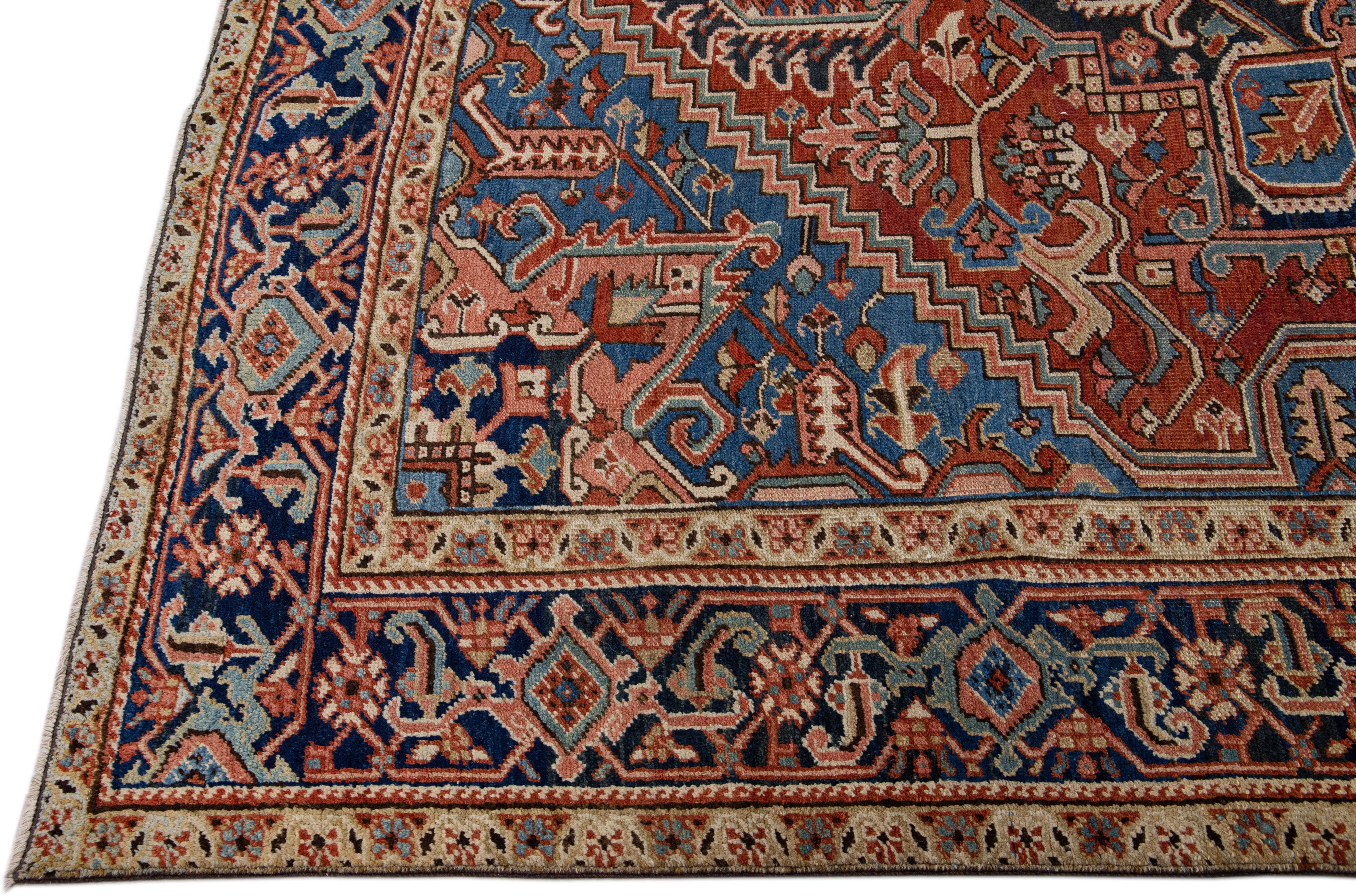 Hand-Knotted Rust Antique Persian Heriz Handmade Wool Rug with Medallion Design For Sale