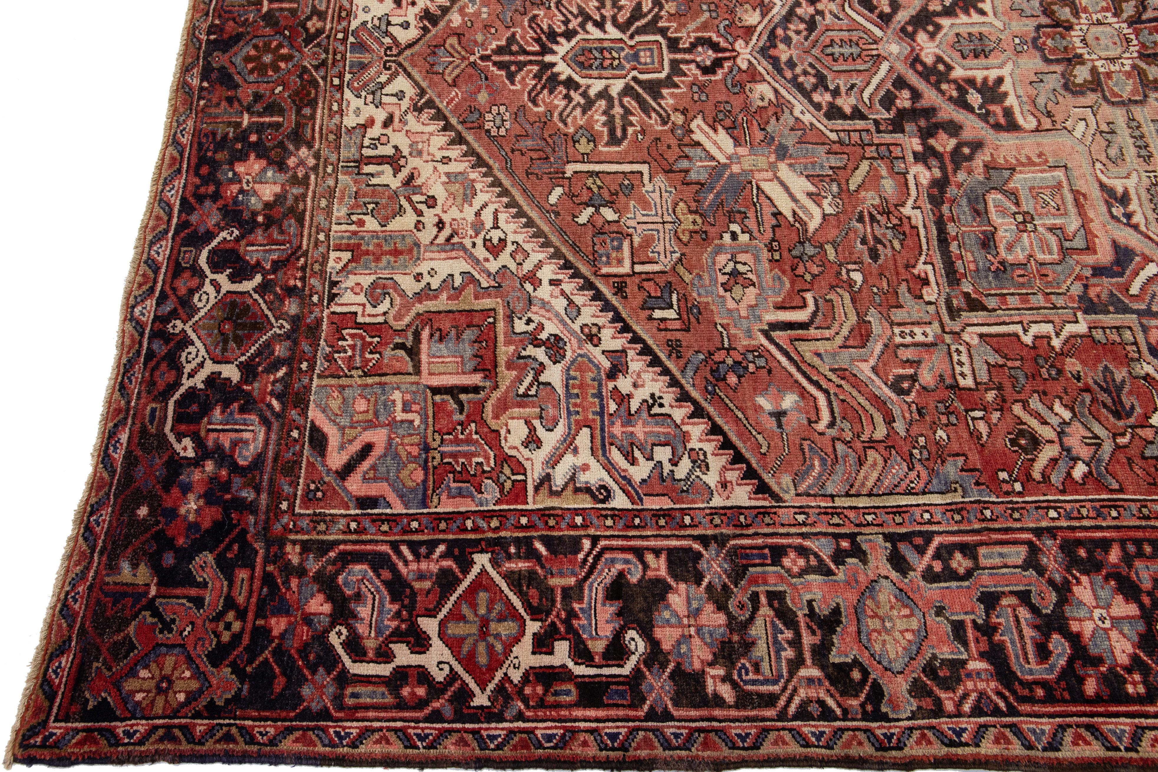 Hand-Knotted Rust Antique Persian Heriz Handmade Wool Rug With Medallion Design For Sale
