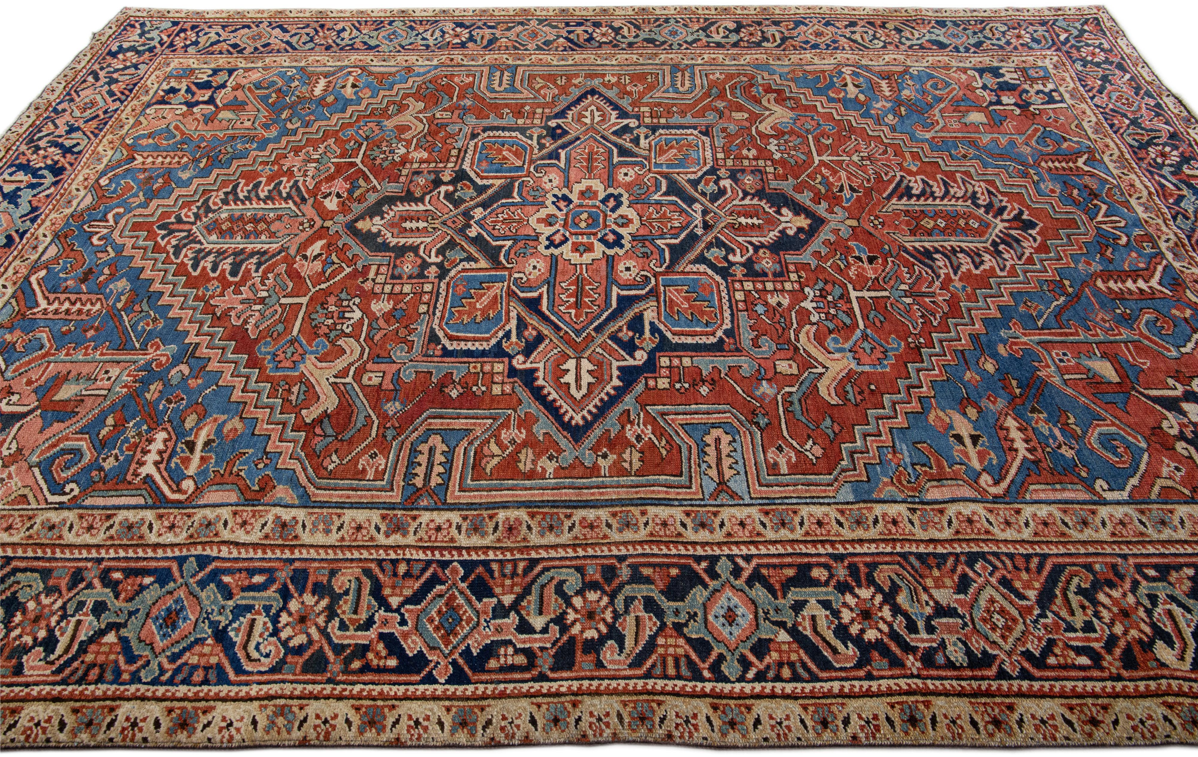 Rust Antique Persian Heriz Handmade Wool Rug with Medallion Design In Good Condition For Sale In Norwalk, CT