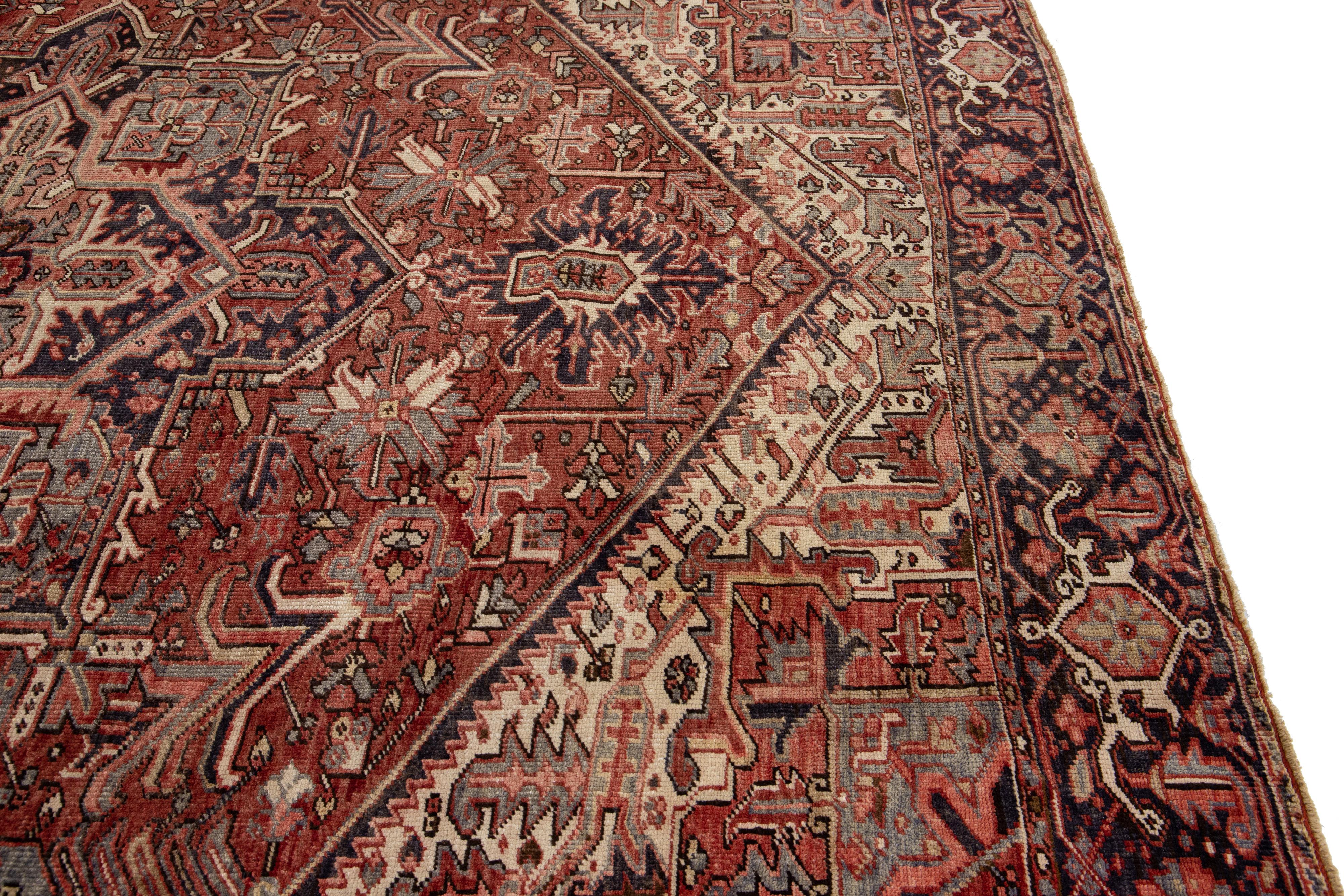 Rust Antique Persian Heriz Handmade Wool Rug With Medallion Design For Sale 1