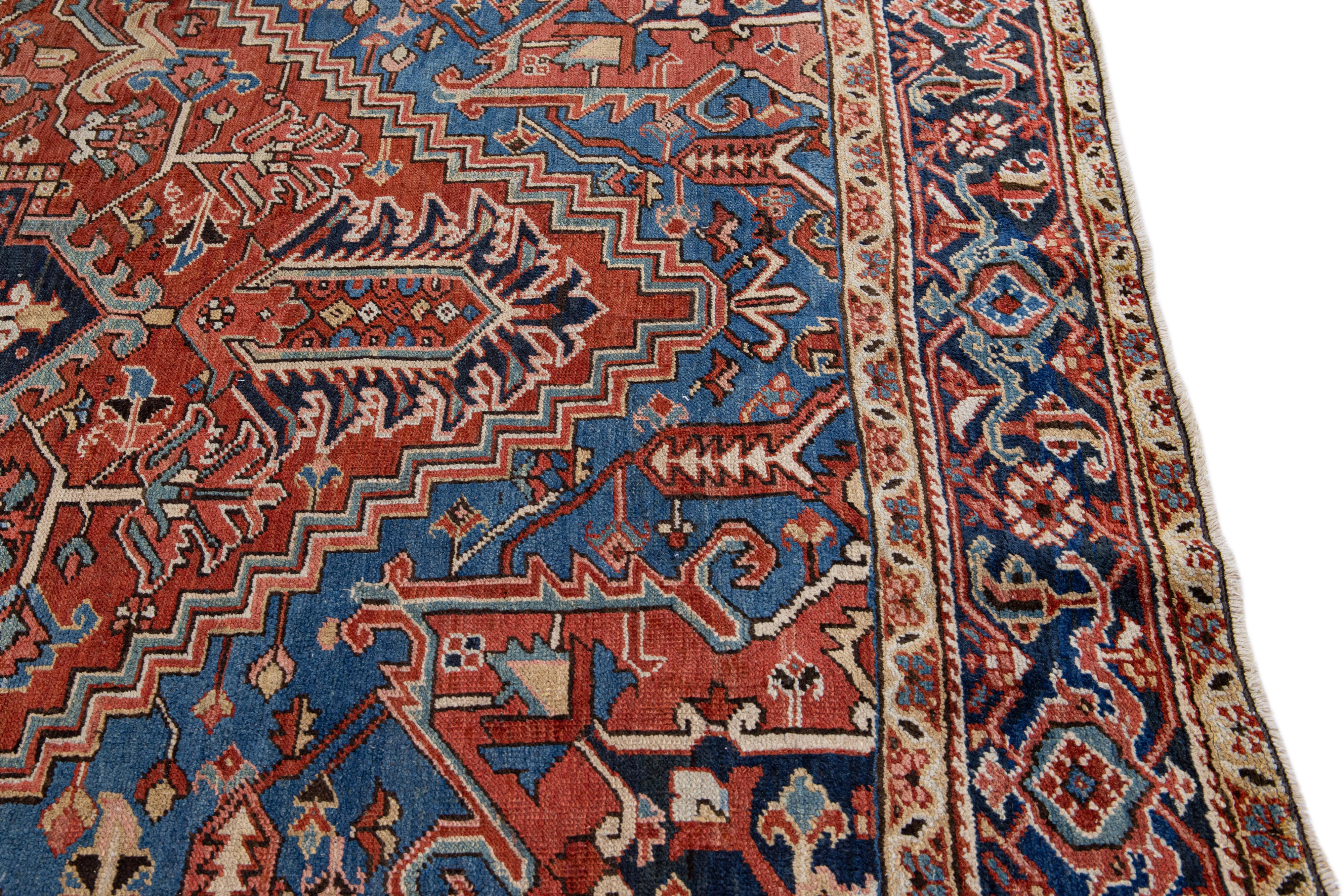 Rust Antique Persian Heriz Handmade Wool Rug with Medallion Design For Sale 2