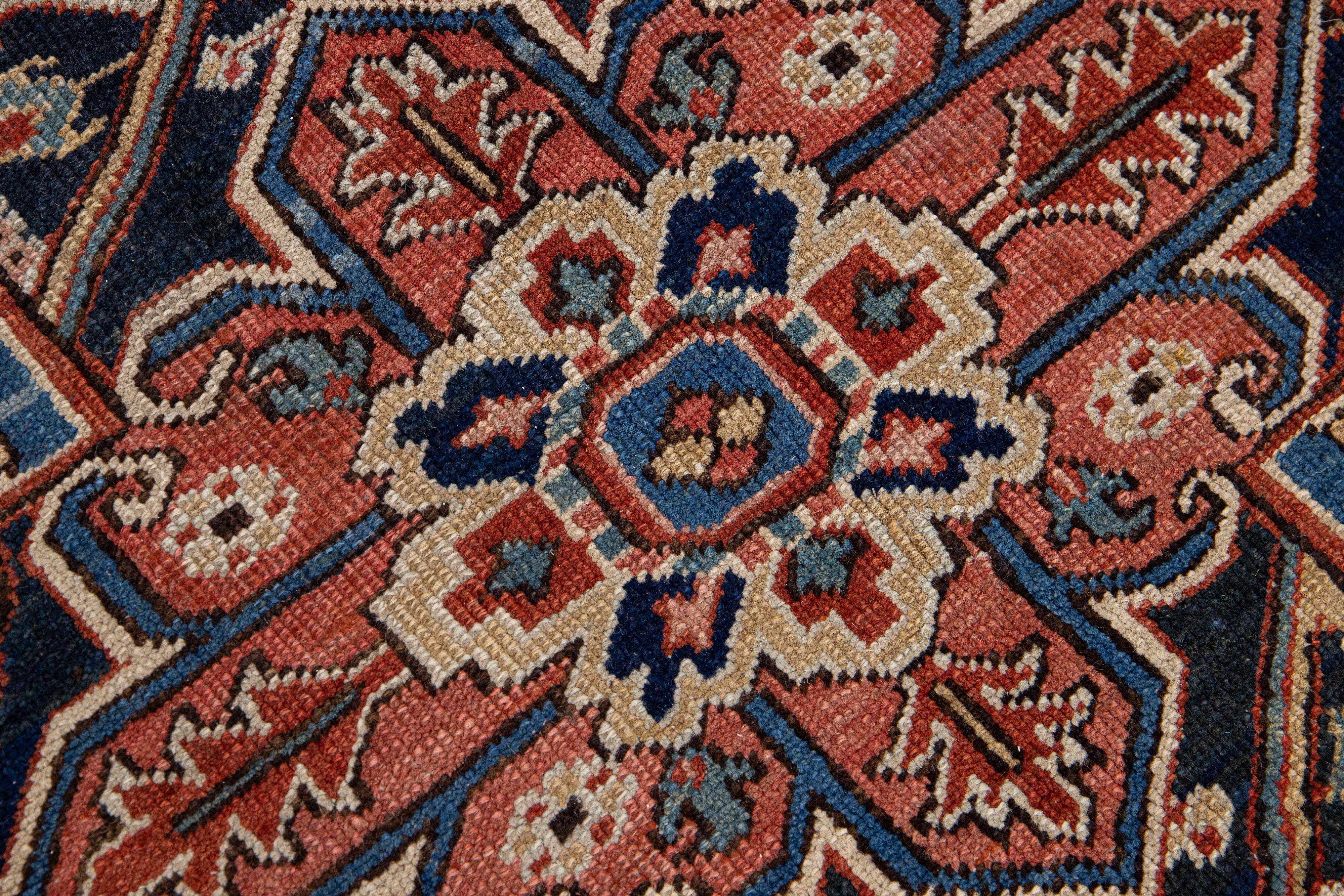 Rust Antique Persian Heriz Handmade Wool Rug with Medallion Design For Sale 3