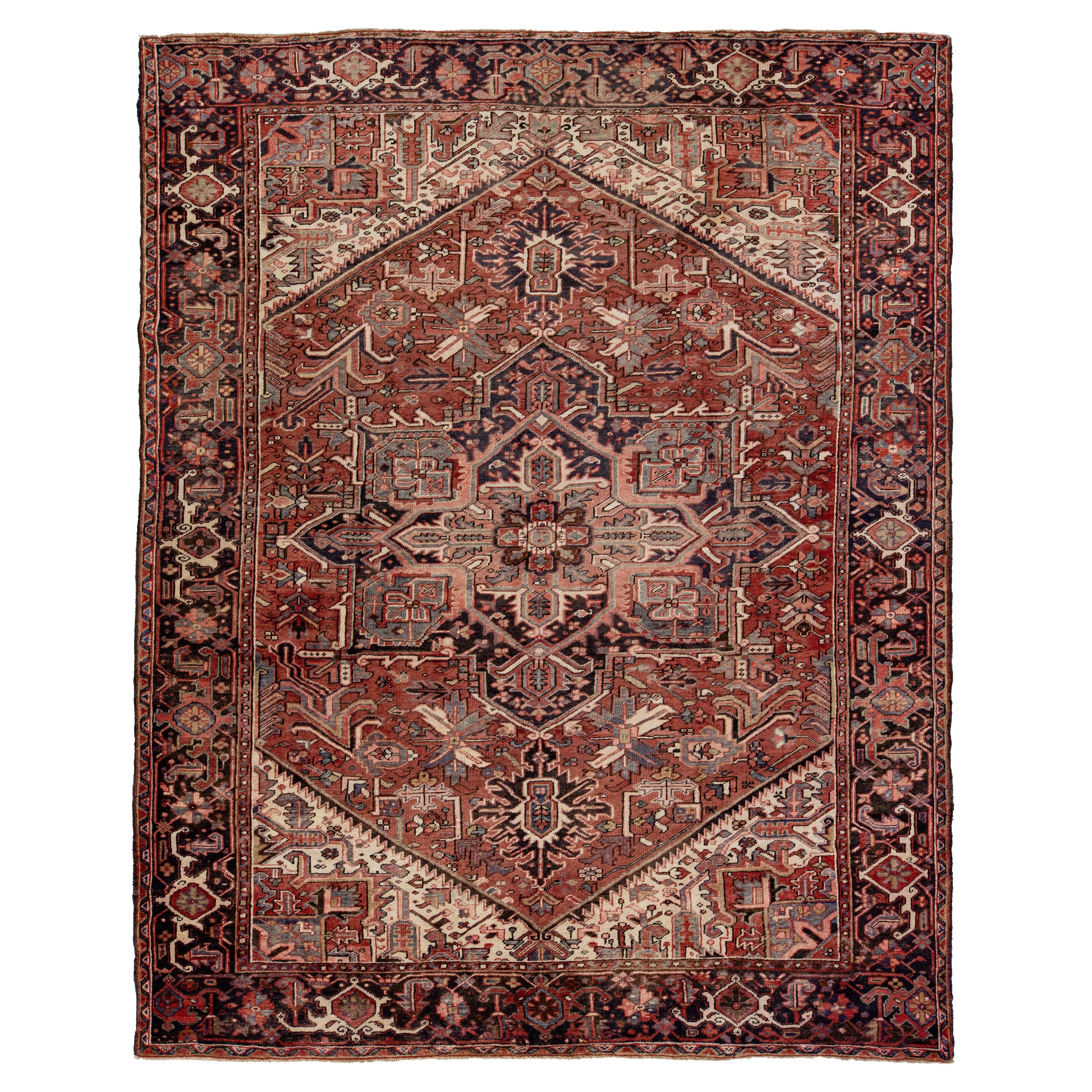 Rust Antique Persian Heriz Handmade Wool Rug With Medallion Design