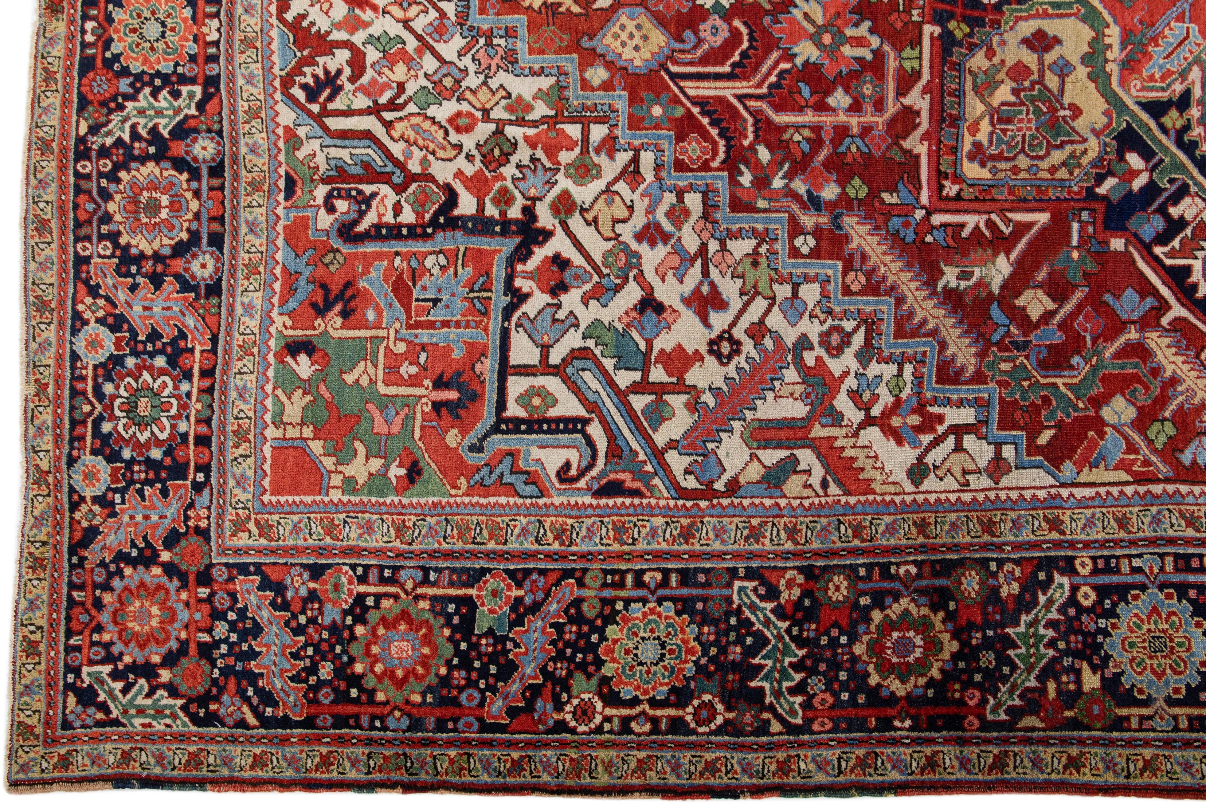 Heriz Serapi Rust Antique Persian Heriz Handmade Wool Rug with Multicolor Medallion Design For Sale
