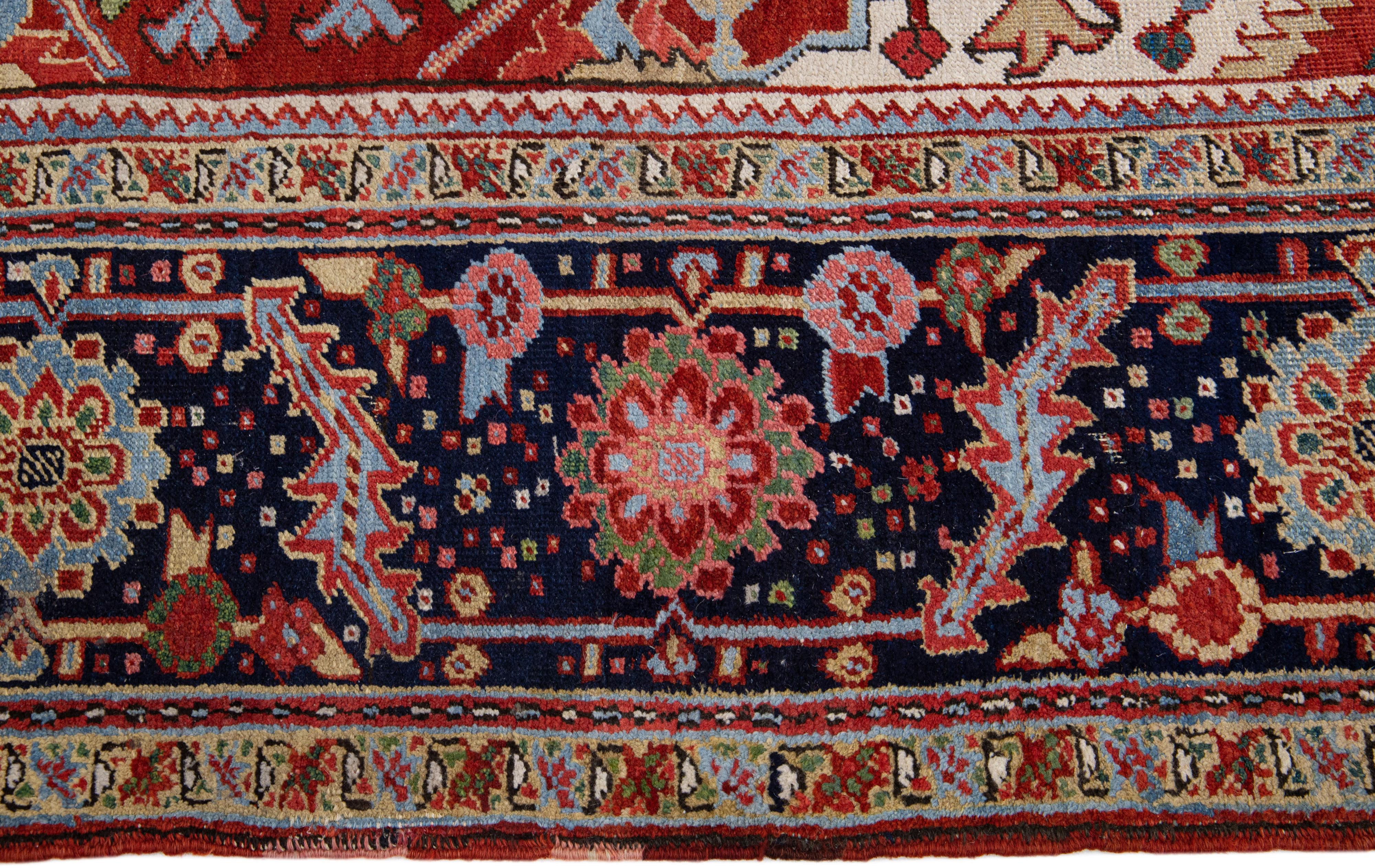 Hand-Knotted Rust Antique Persian Heriz Handmade Wool Rug with Multicolor Medallion Design For Sale