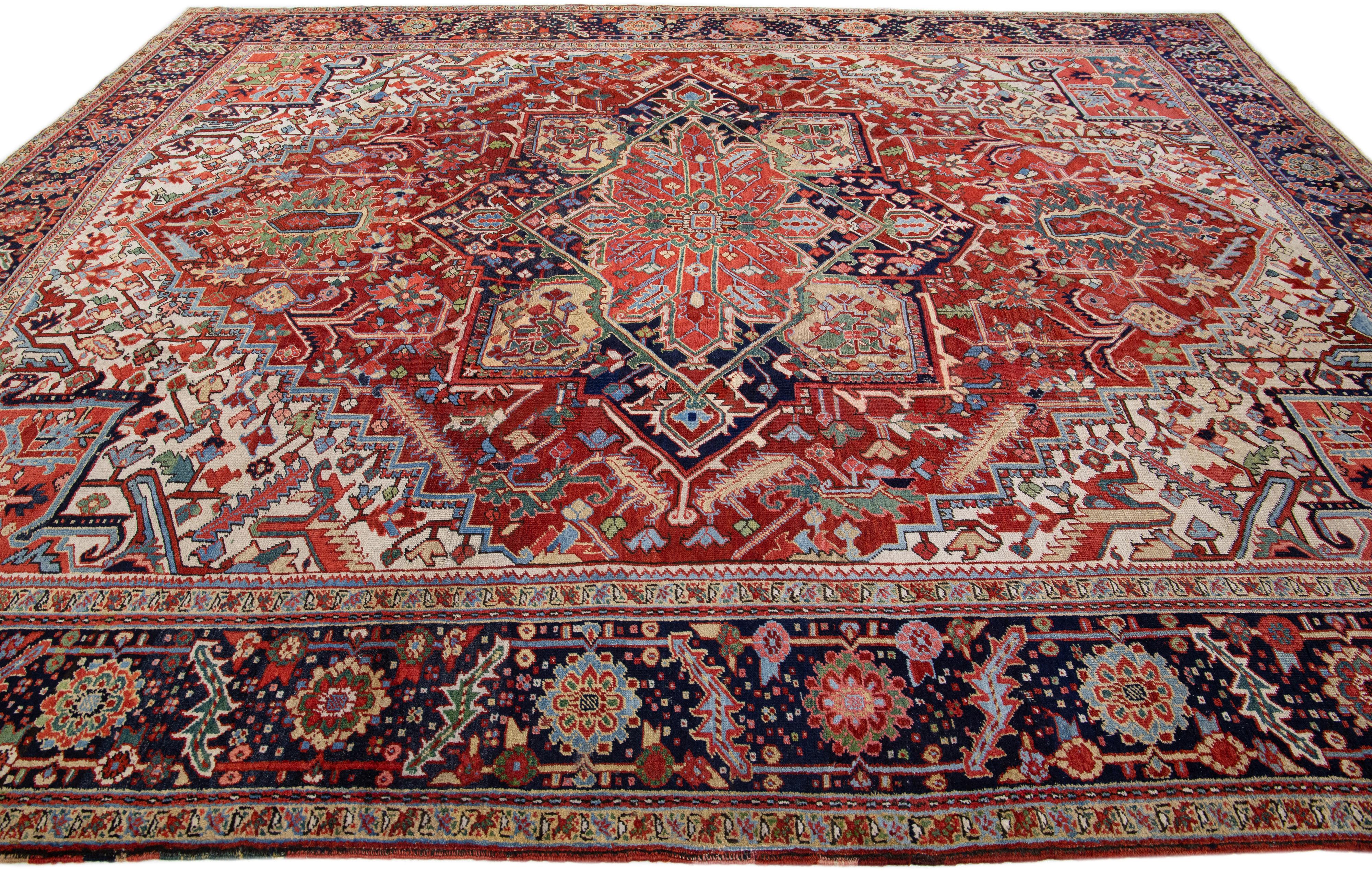 Rust Antique Persian Heriz Handmade Wool Rug with Multicolor Medallion Design In Good Condition For Sale In Norwalk, CT