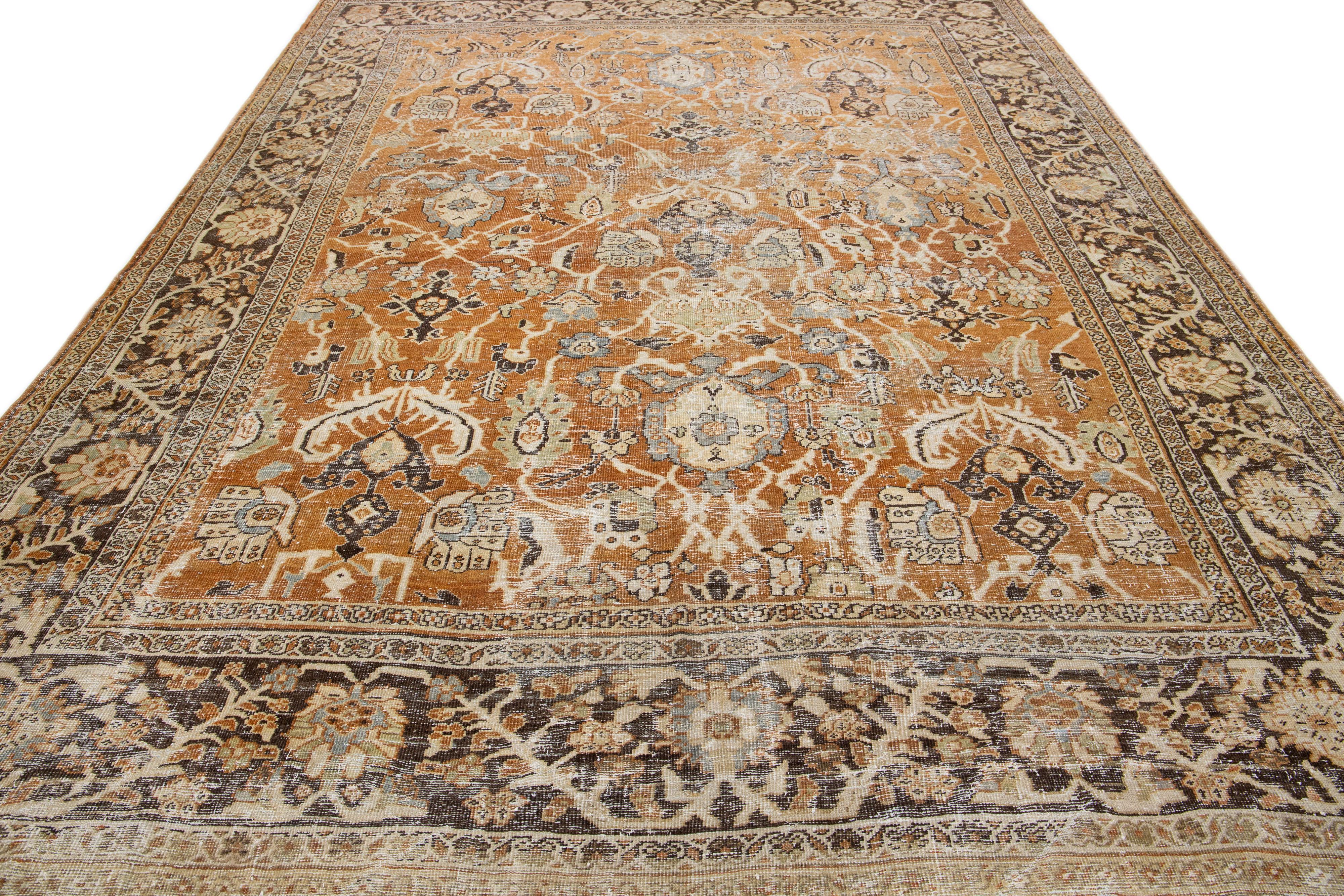Islamic Rust Antique Persian Mahal Handmade Distressed Wool Rug With Floral Design For Sale