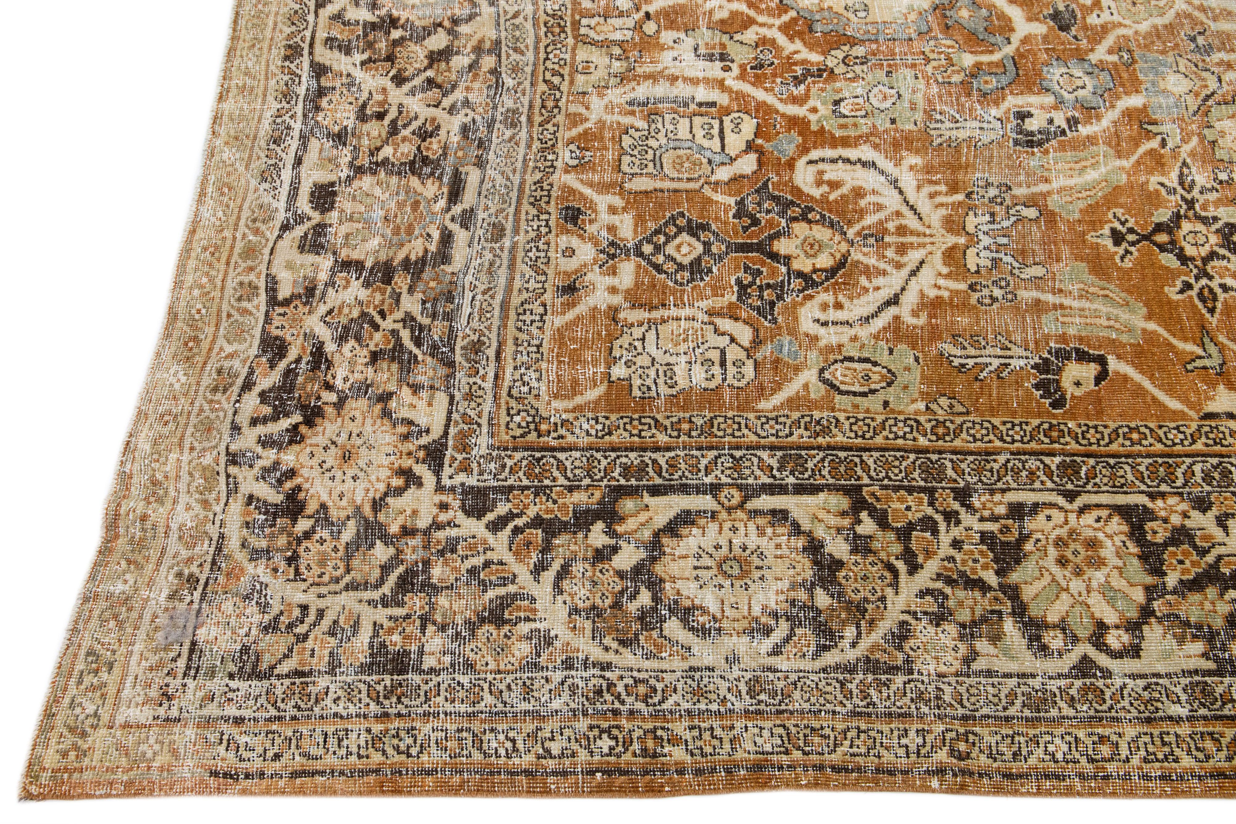 Hand-Knotted Rust Antique Persian Mahal Handmade Distressed Wool Rug With Floral Design For Sale