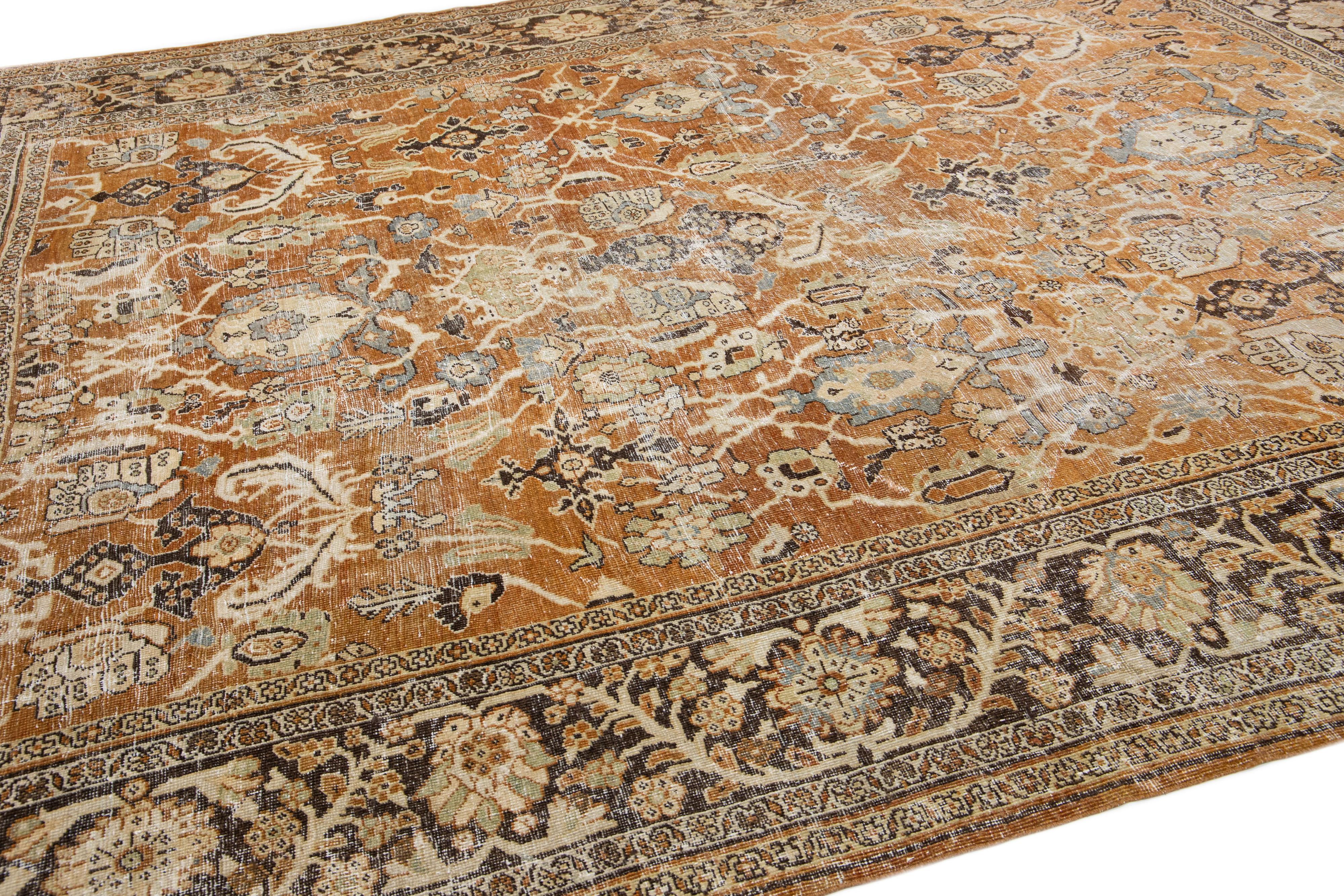 Rust Antique Persian Mahal Handmade Distressed Wool Rug With Floral Design In Distressed Condition For Sale In Norwalk, CT