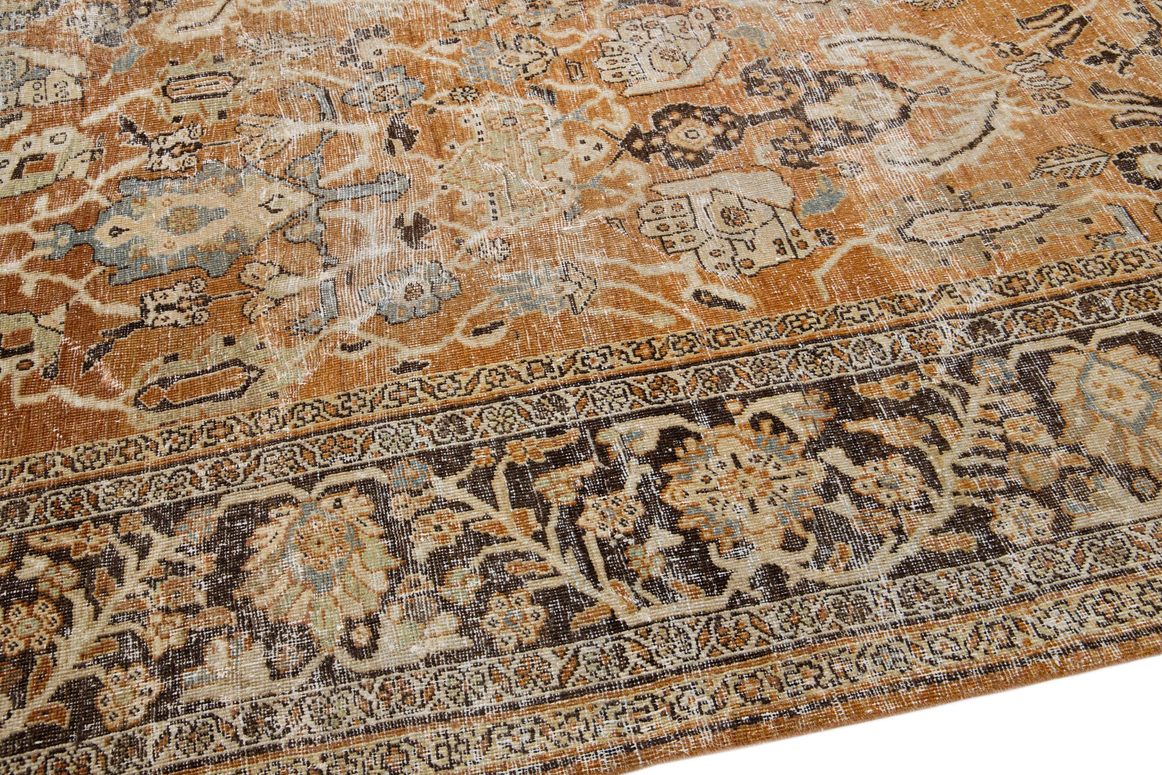 Rust Antique Persian Mahal Handmade Distressed Wool Rug With Floral Design For Sale 1