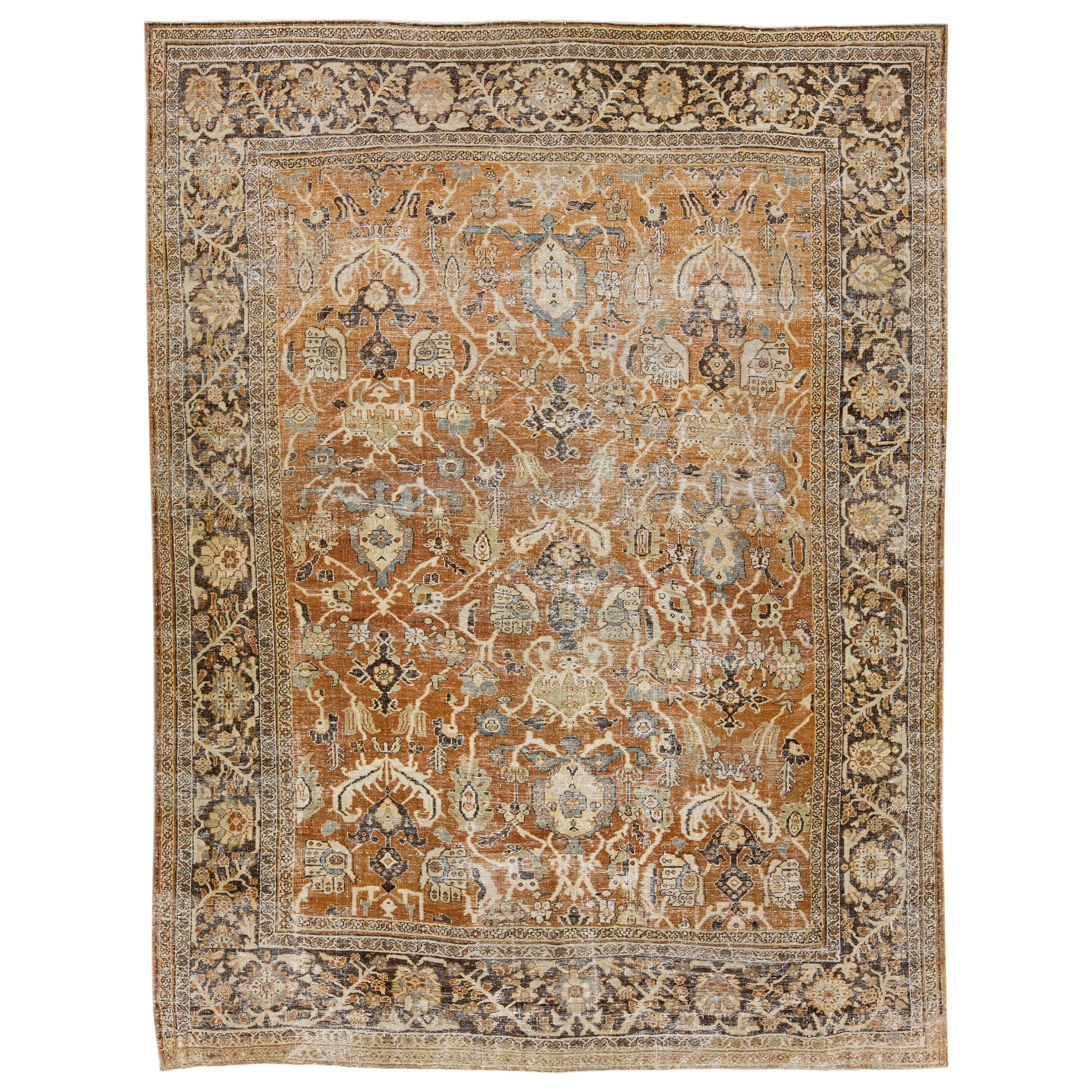 Rust Antique Persian Mahal Handmade Distressed Wollteppich mit geblümtem Design