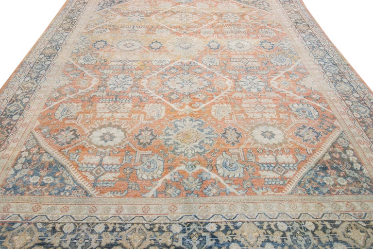 Rust Antique Persian Mahal Handmade Geometric Floral Pattern Wool Rug ...