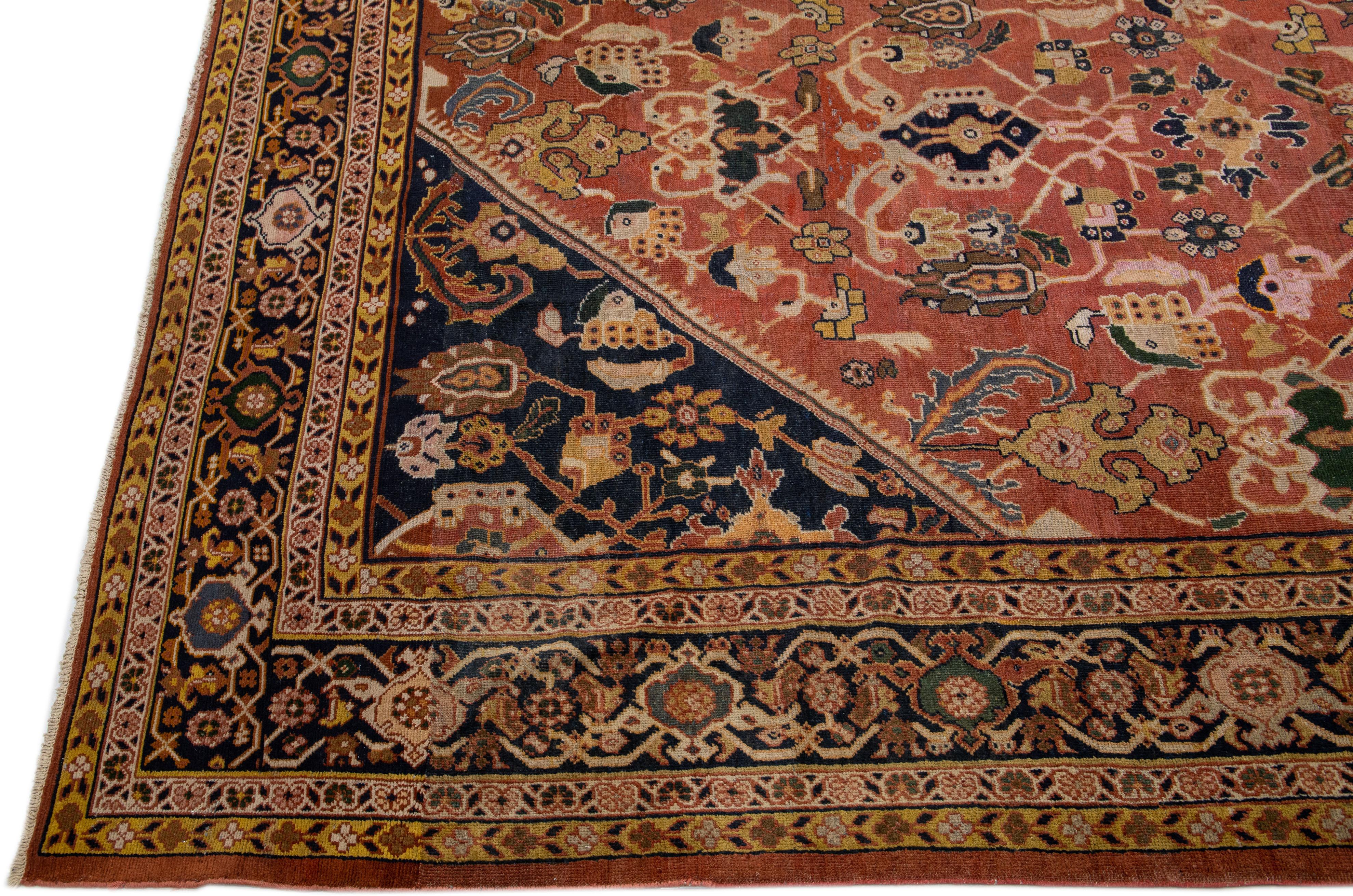 Hand-Knotted Rust Antique Persian Mahal Handmade Oversize Wool Rug with Allover Pattern For Sale